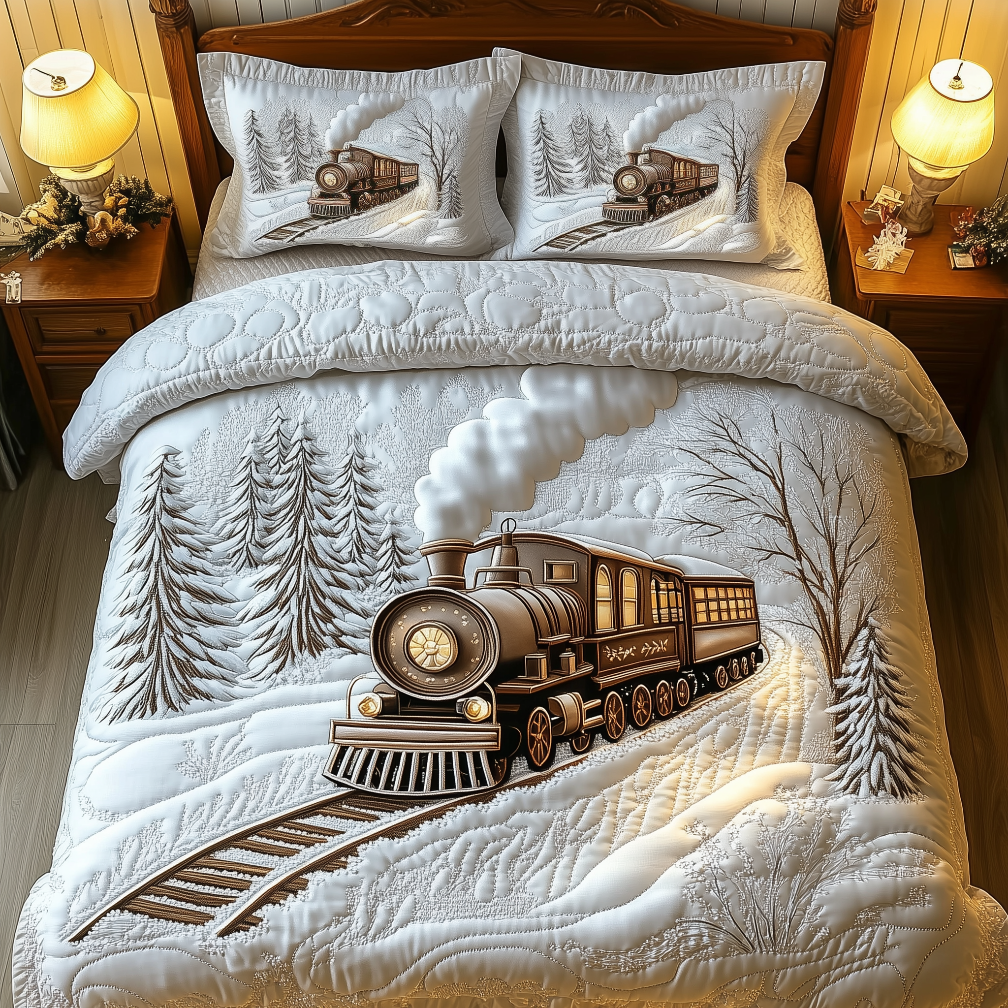 Elegant Train to Snowy Wonderland Quilted Bedding Set Christmas Decoration Ideas Room Train Related Gifts