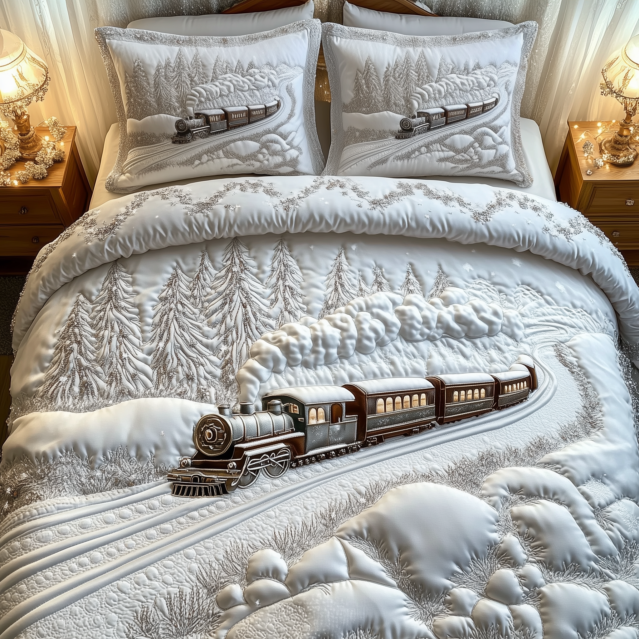 Elegant Train to Snowy Wonderland Quilted Bedding Set Holiday Bedroom Decor Train Themed Gifts