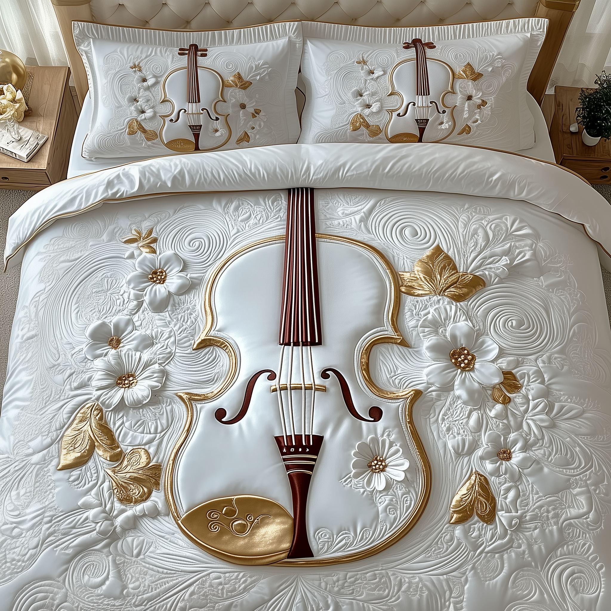 Elegant Violin Quilted Bedding Set Bed Decor Mother's Day Gifts For Friends