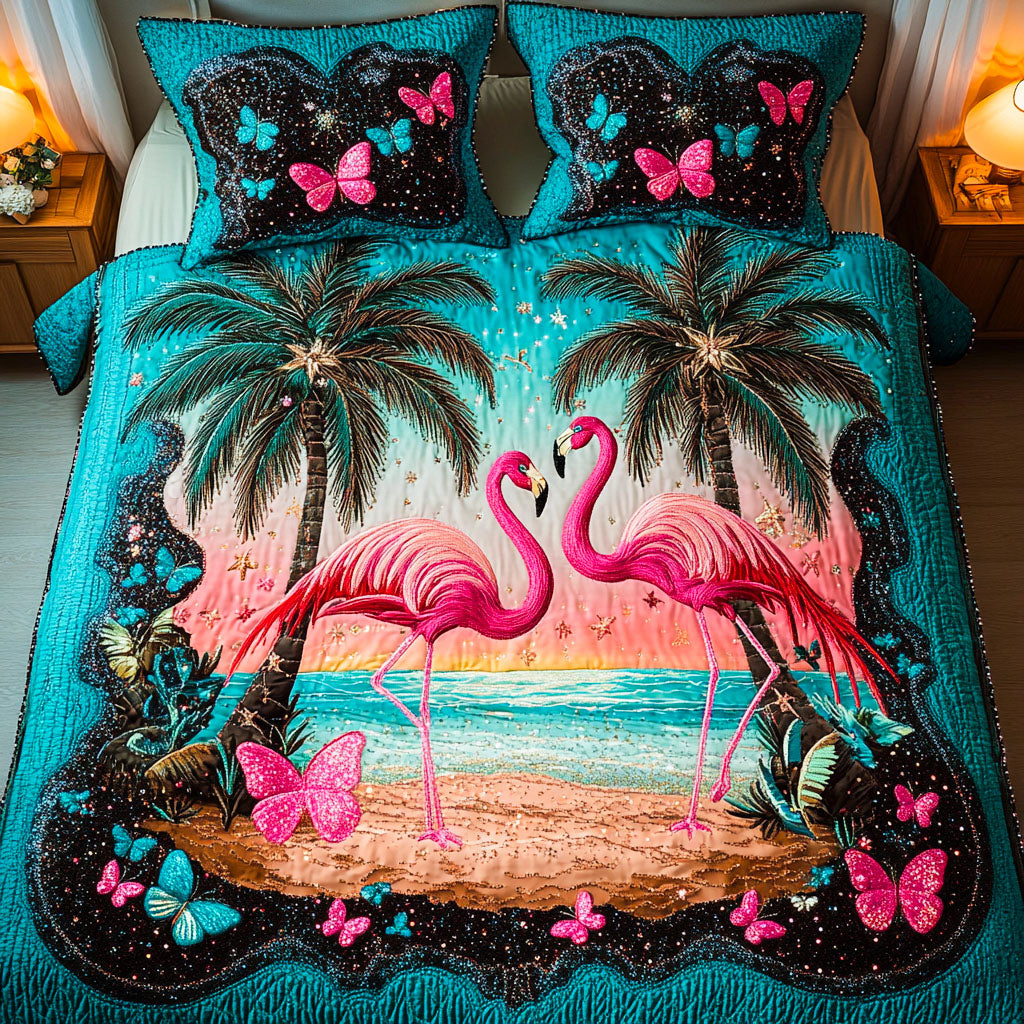 Elegant Wader Quilted Bedding Set Cool Bedroom Decor Pink Flamingo Gifts