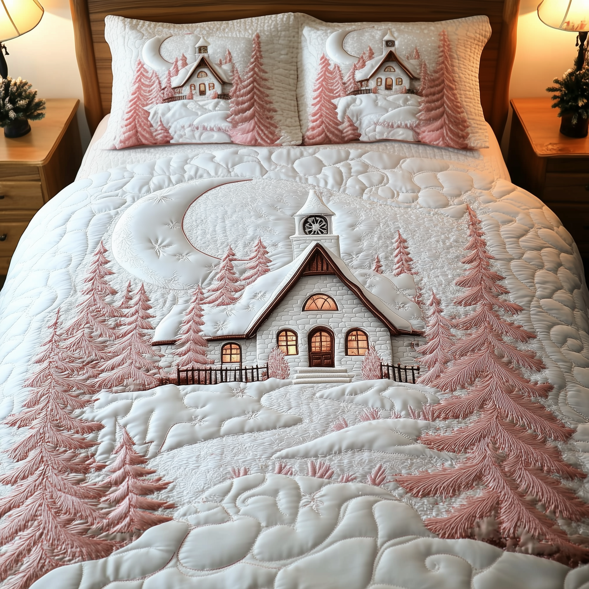 Elegant White Christmas Cabin Quilted Bedding Set Cute Christmas Bedroom Best Christmas Gifts For Dad
