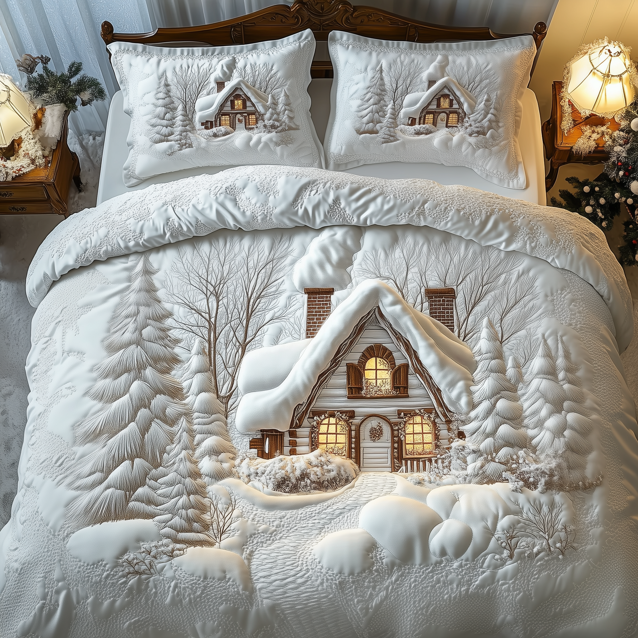 Elegant White Christmas Cabin Quilted Bedding Set Cute Christmas Bedrooms Christmas Present For Husband