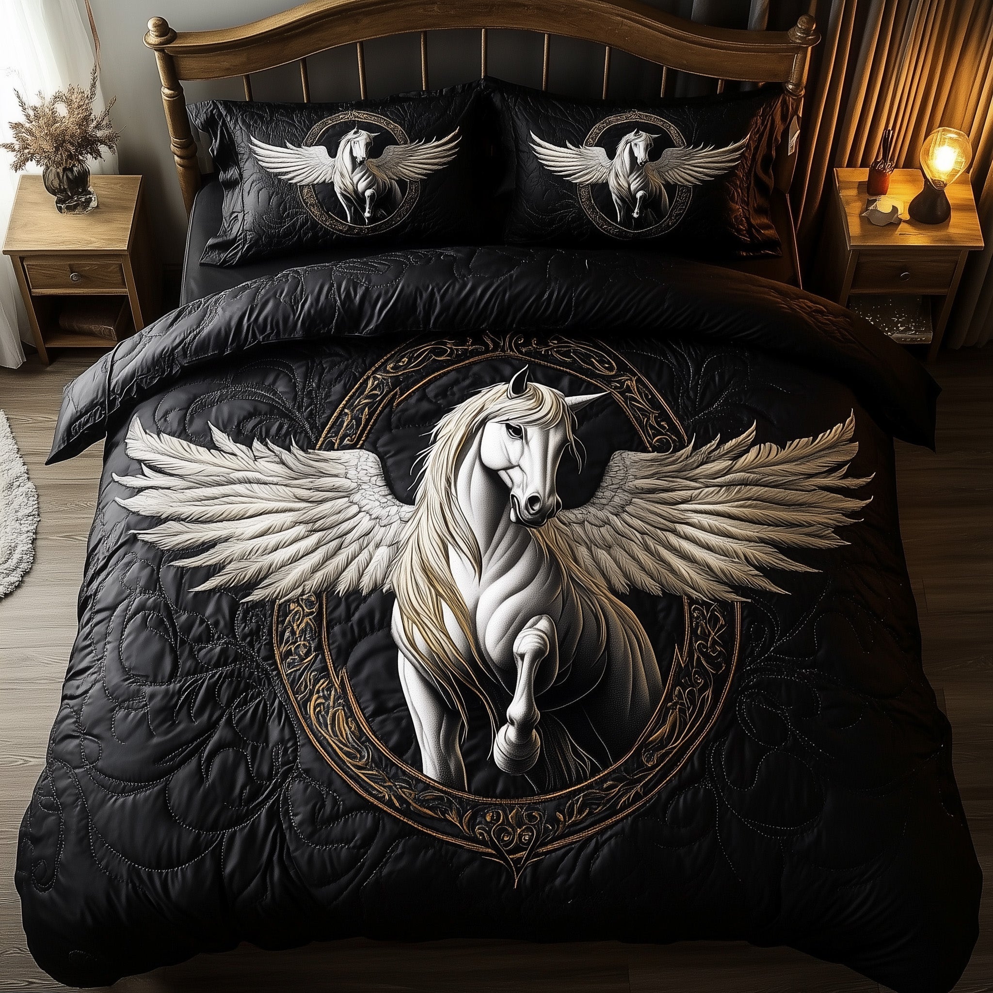 Elegant White Horse Quilted Bedding Set Bed Room Art Wedding Gift For Horse Lovers