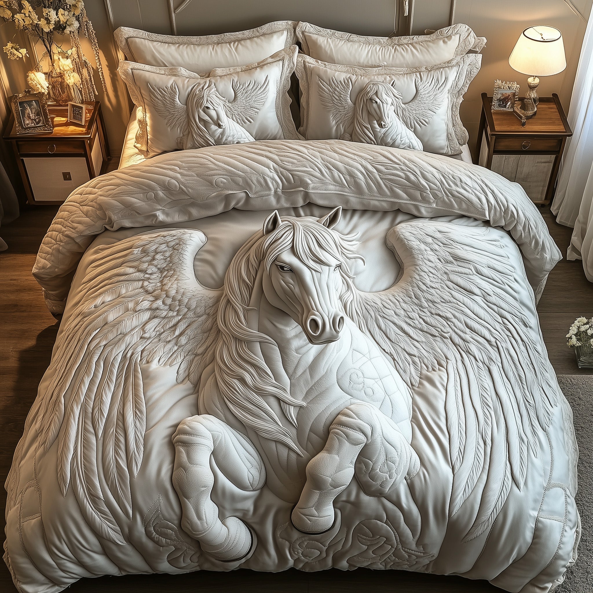 Elegant White Horse Quilted Bedding Set Bedding Decor Gift Ideas For A Horse Loving Woman
