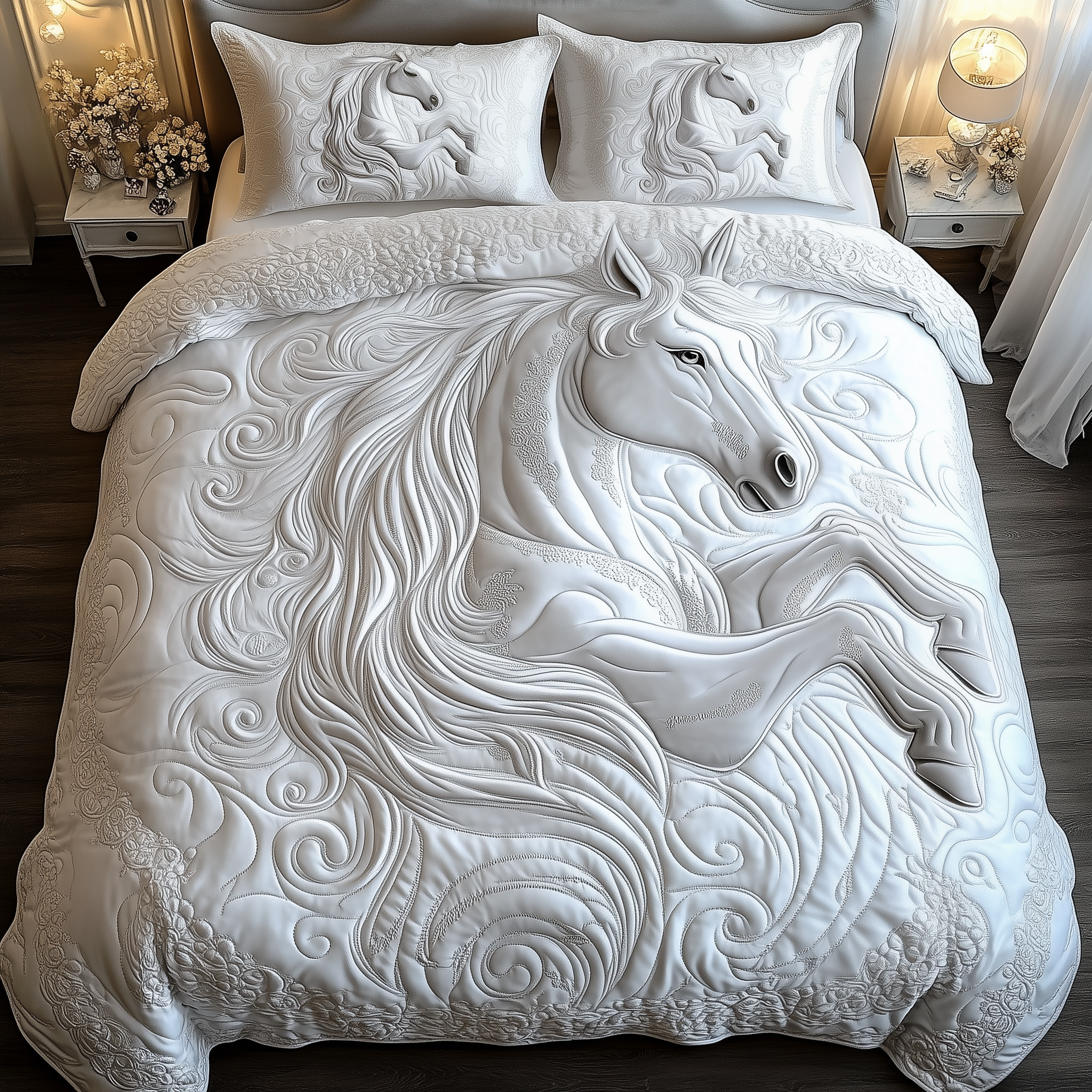 Elegant White Horse Quilted Bedding Set Bedding Ideas Presents For Horse Owners