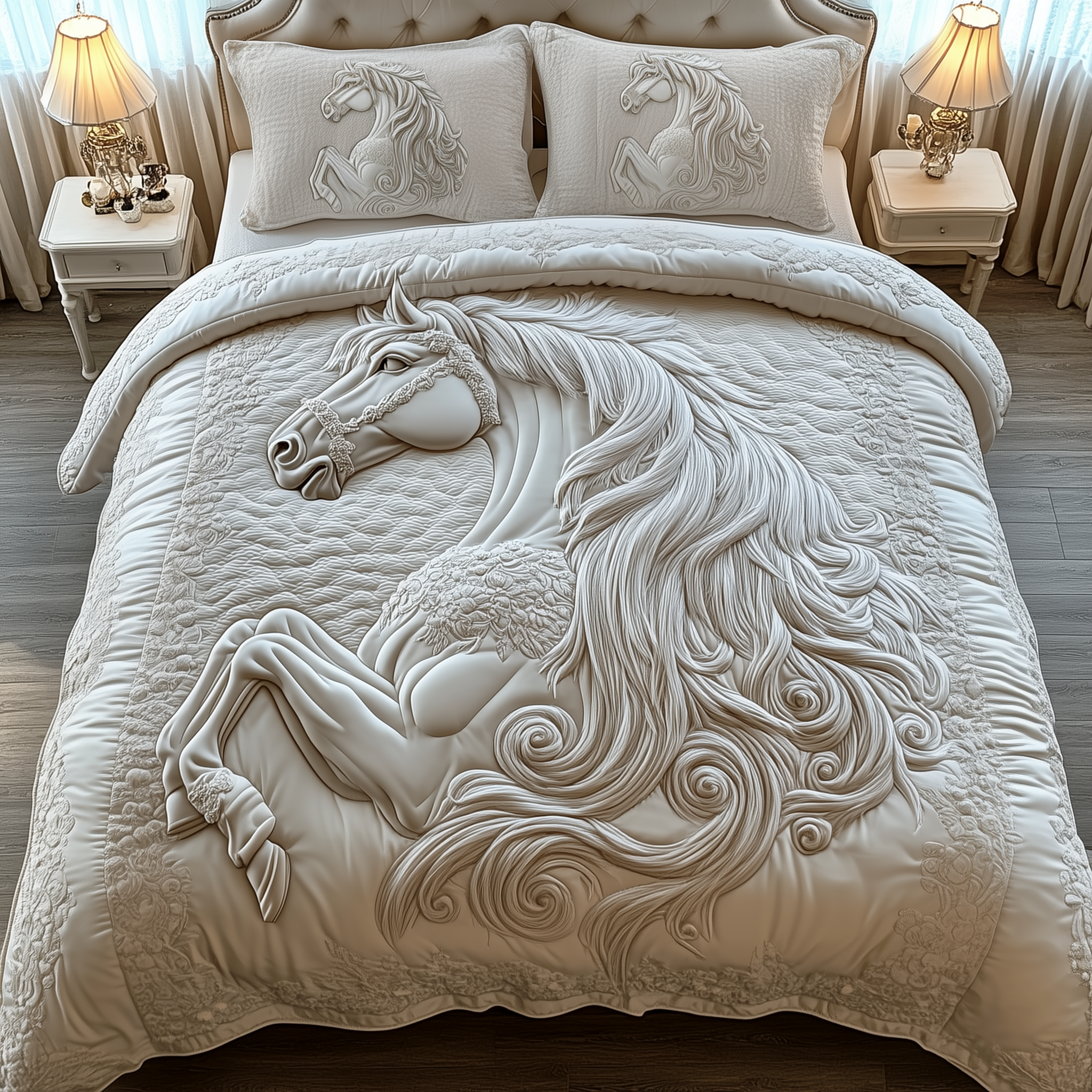 Elegant White Horse Quilted Bedding Set Bedroom Decor Gifts For New Horse Owners