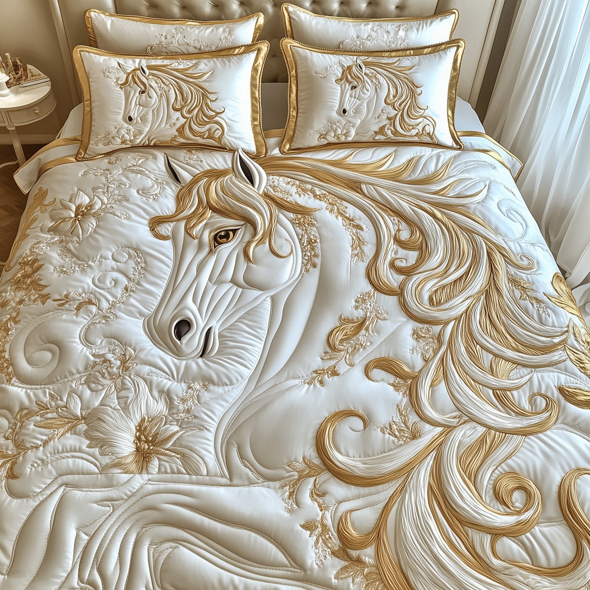 Elegant White Horse Quilted Bedding Set Best Sheets Ever Gifts For Horse Back Riders