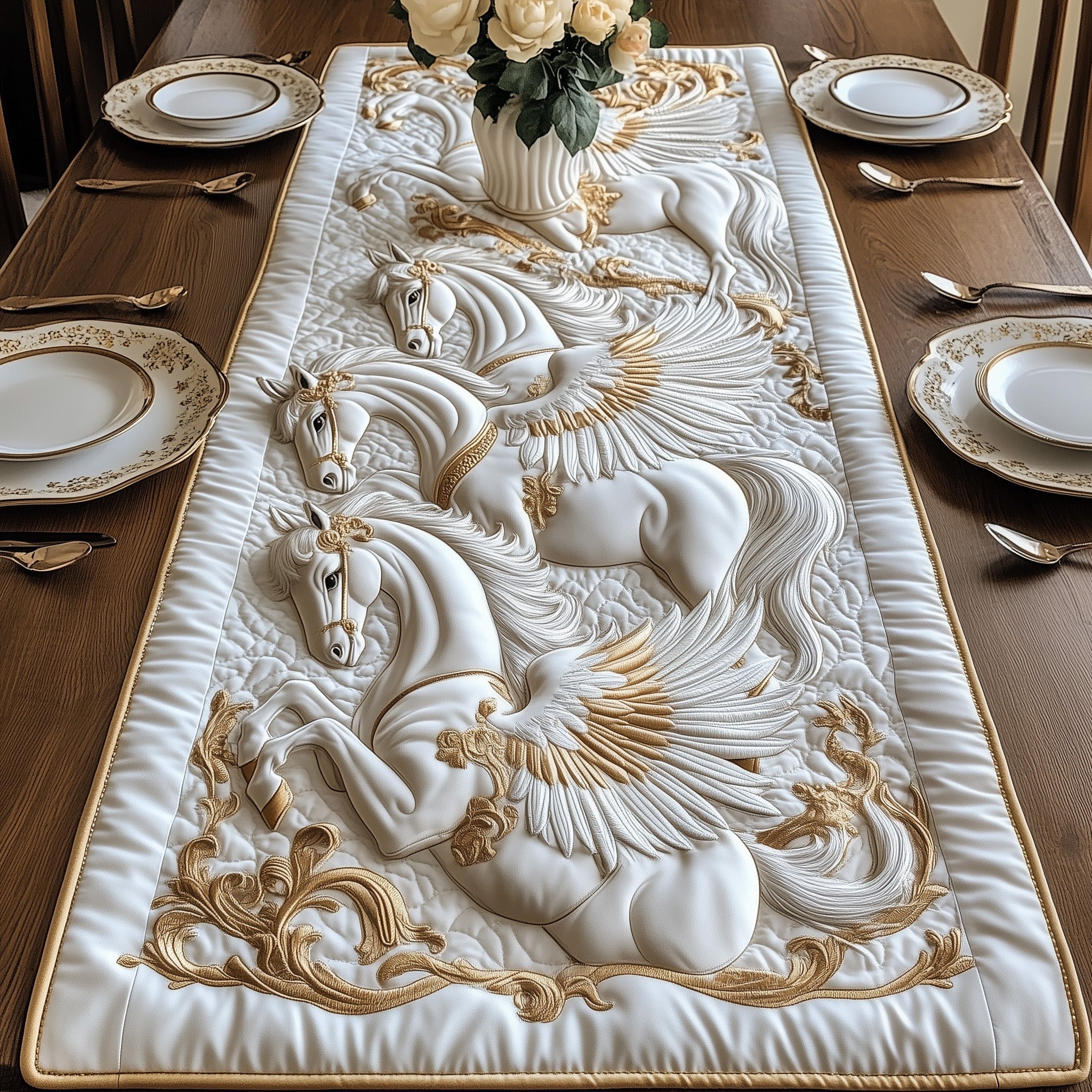 Elegant White Horse Quilted Table Runner Dining Room Table Decor Birthday Presents For Horse Lovers
