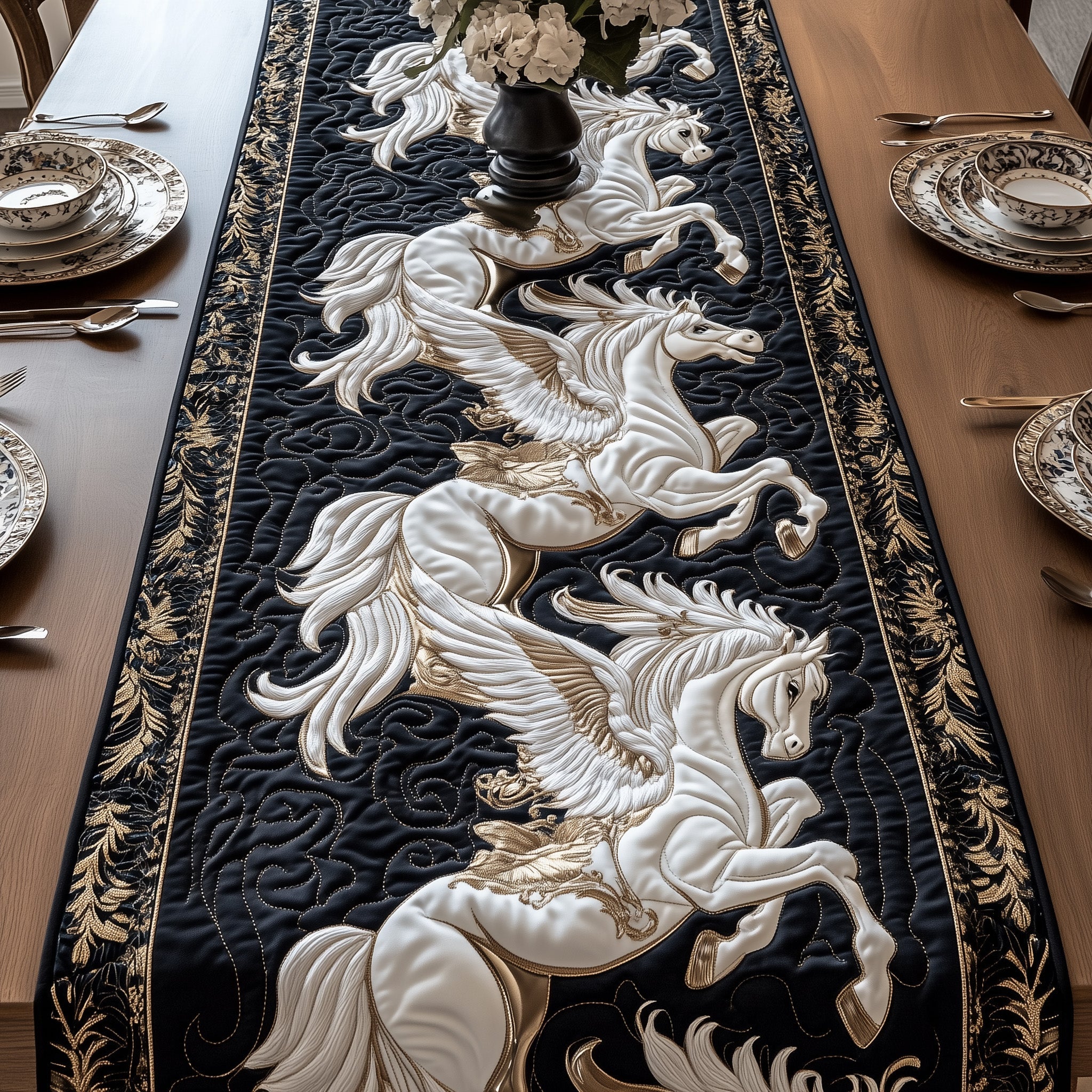 Elegant White Horse Quilted Table Runner Kitchen Table Decor Gifts For Horse Enthusiasts