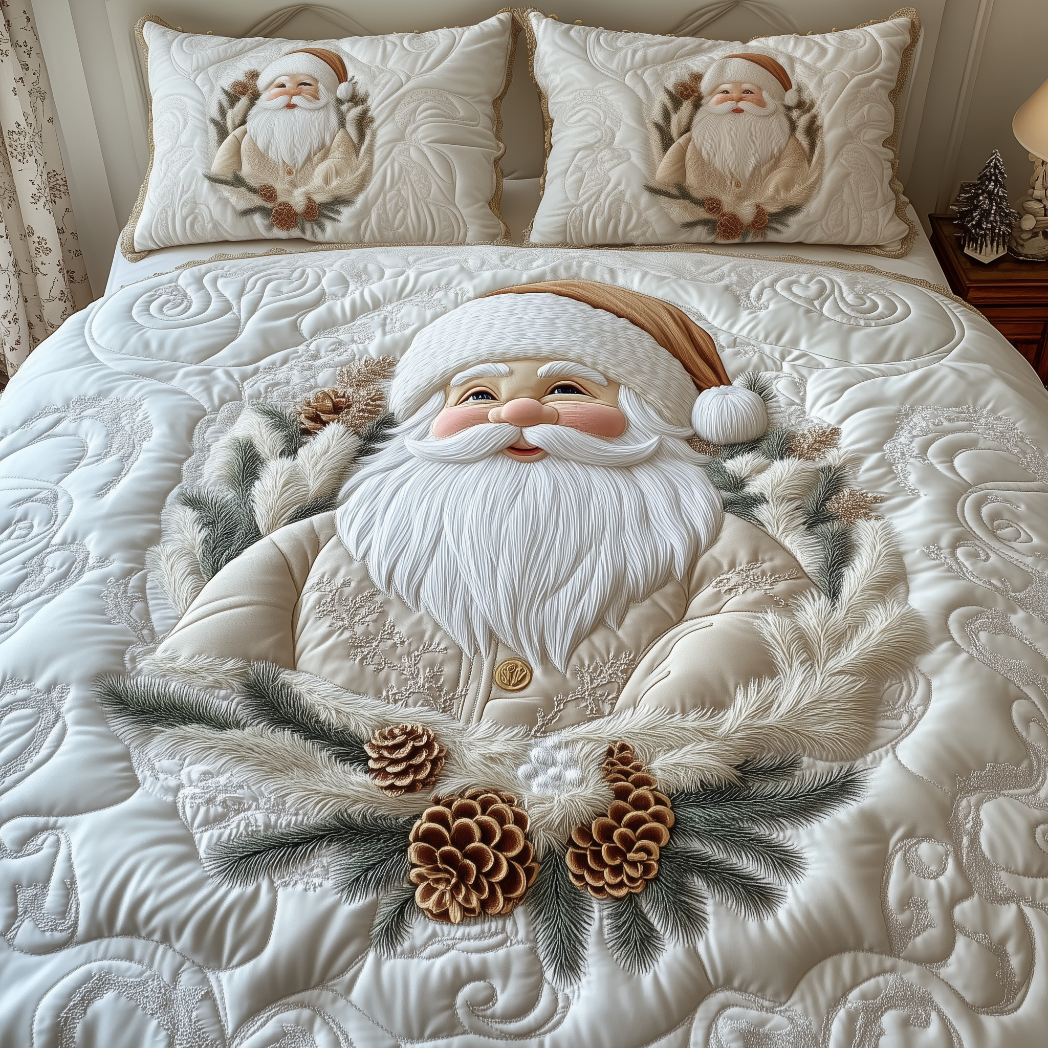 Elegant White Santa Claus Quilted Bedding Set Bed Christmas Decor Unusual Christmas Gifts