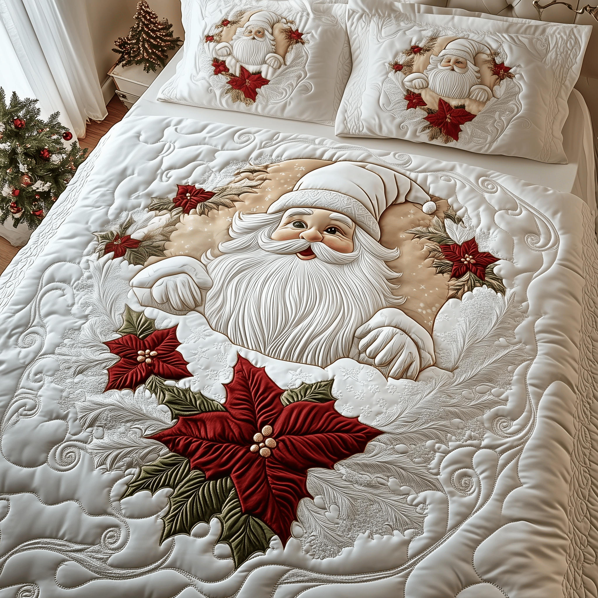 Elegant White Santa Claus Quilted Bedding Set Bedroom Christmas Ideas Thoughtful Christmas Gifts