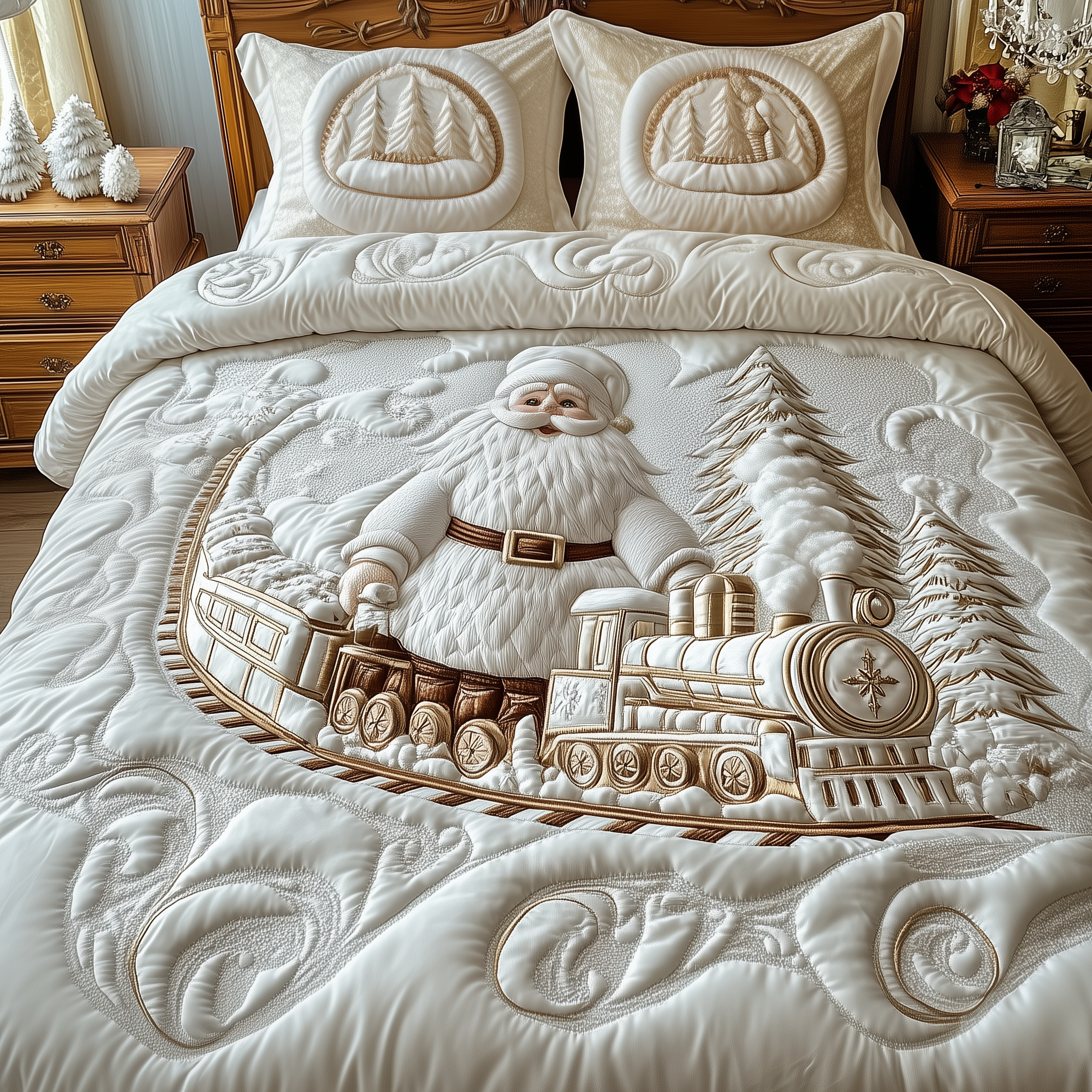 Elegant White Santa Claus Quilted Bedding Set Christmas Bed Ideas Cool Christmas Gifts