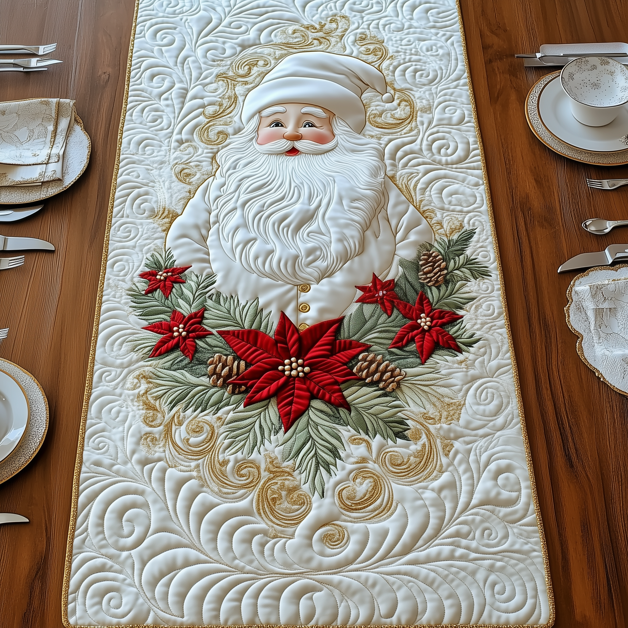 Elegant White Santa Claus Quilted Table Runner Holiday Dining Table Decor Best Gifts For A Family For Christmas