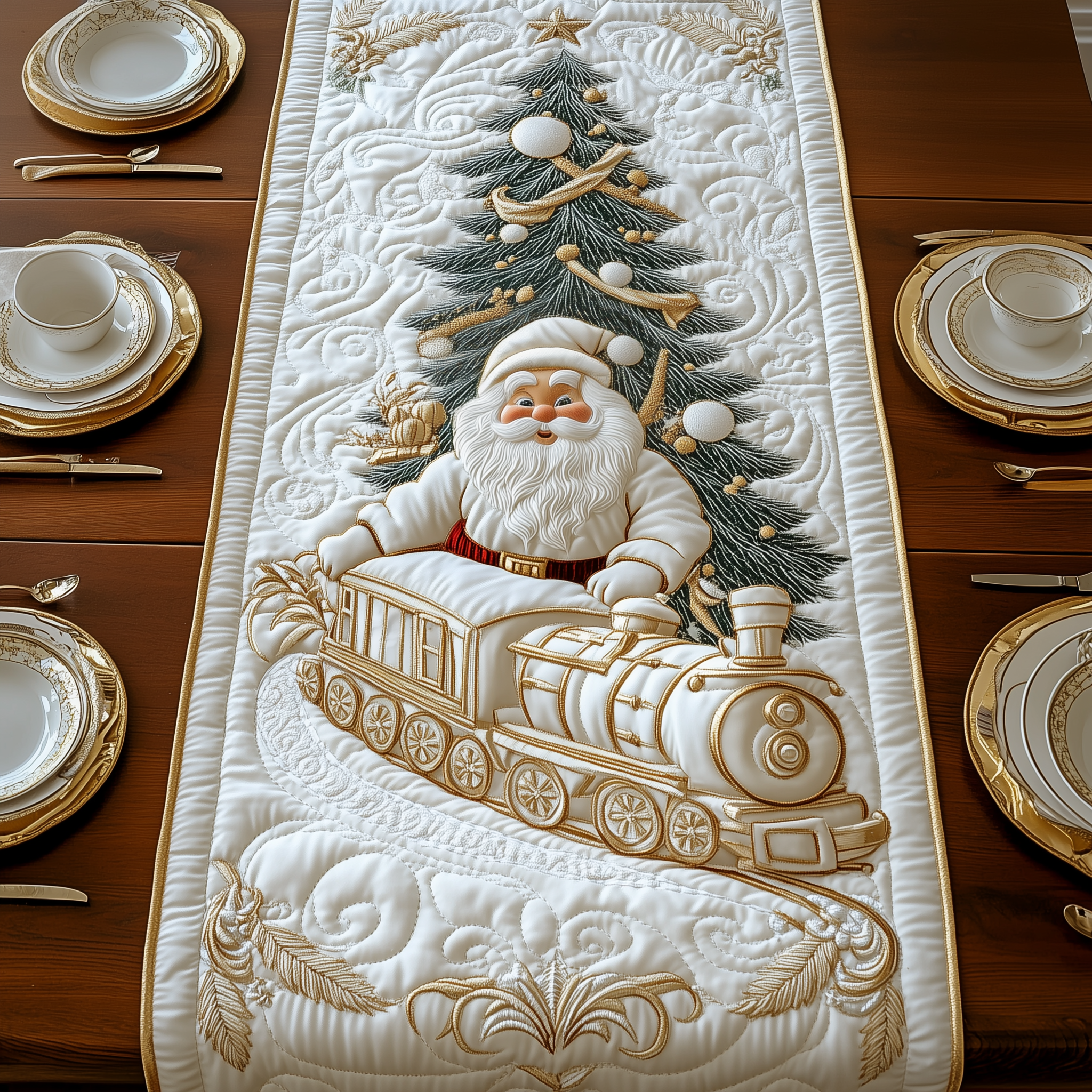 Elegant White Santa Claus Quilted Table Runner Holiday Runner Dining Best Family Presents For Christmas