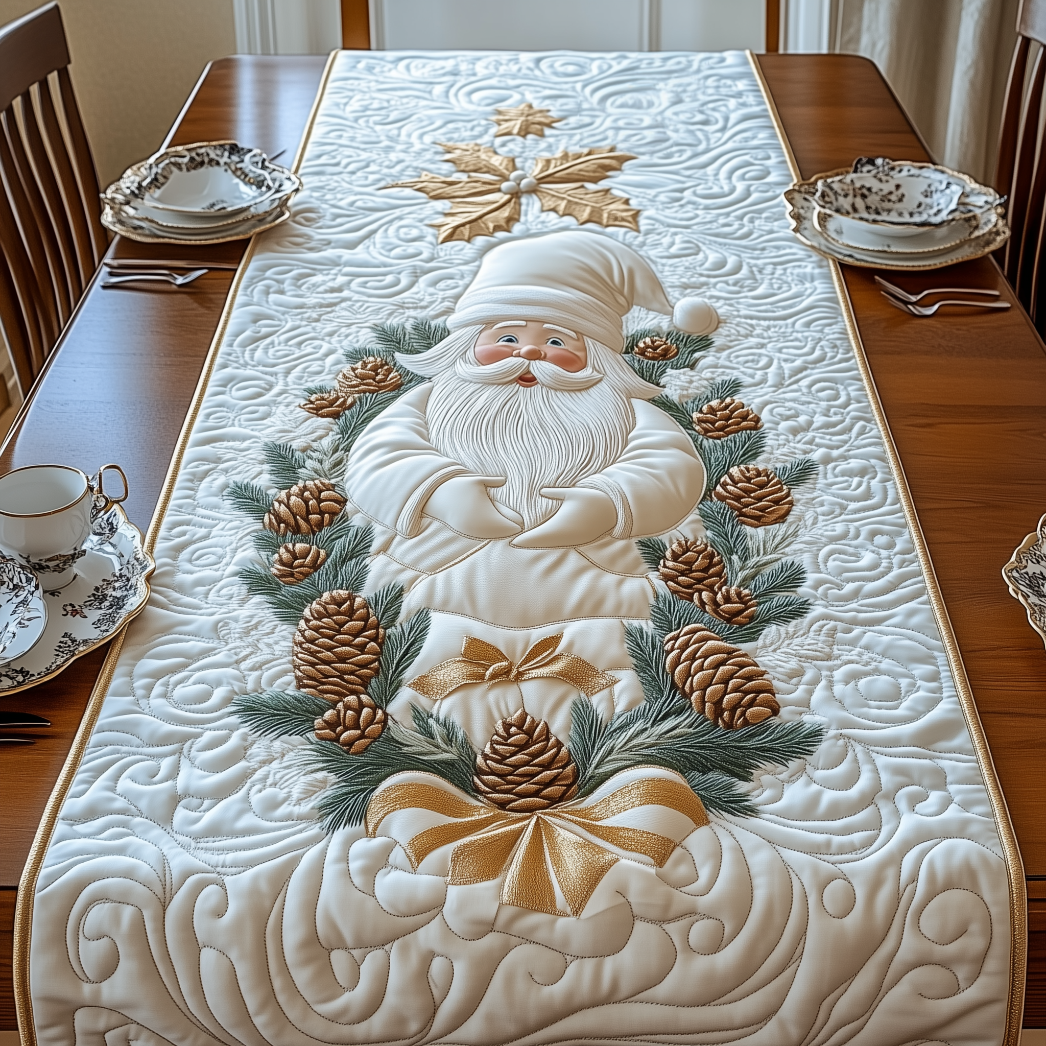 Elegant White Santa Claus Quilted Table Runner Holiday Table Runners Best Family Christmas Gifts