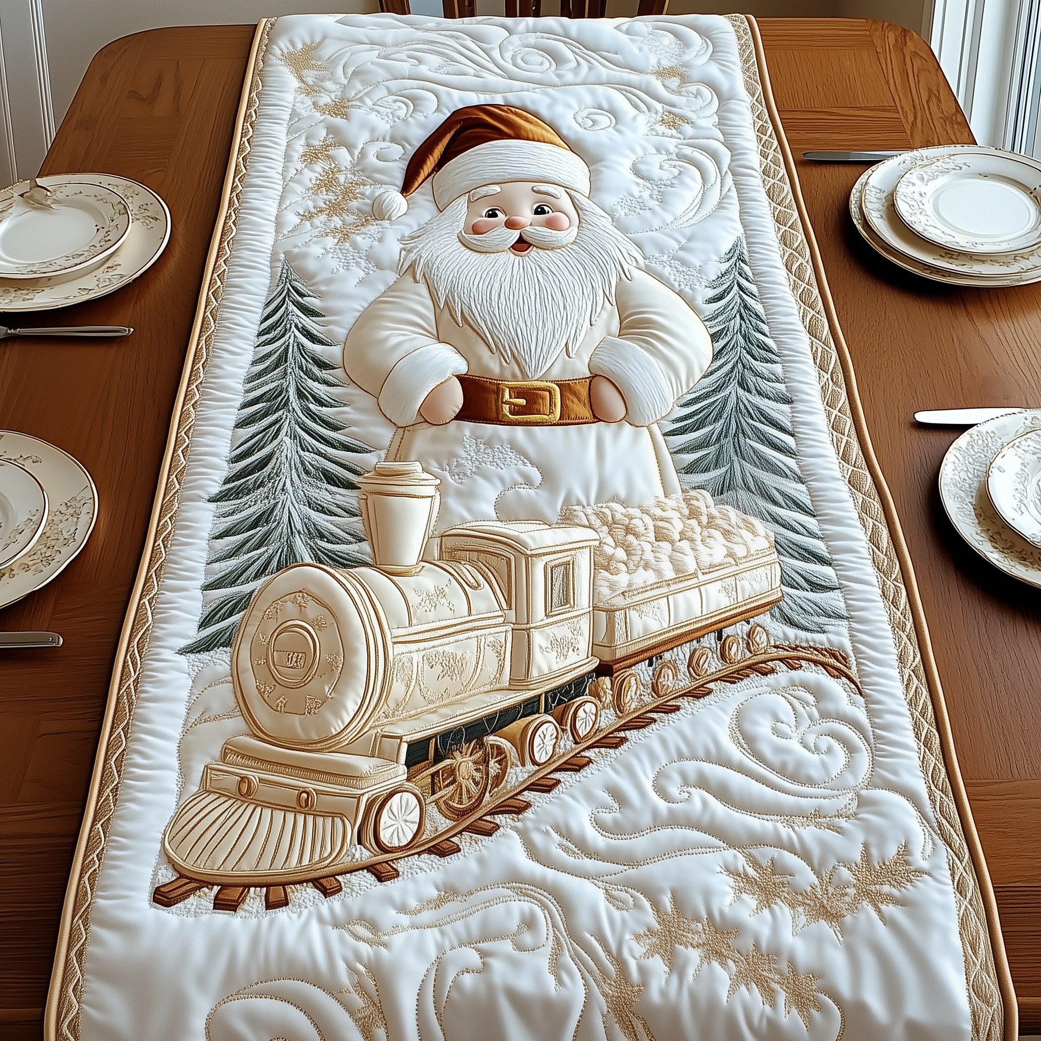 Elegant White Santa Claus Quilted Table Runner Holiday Table Throw Great Family Gifts For Christmas