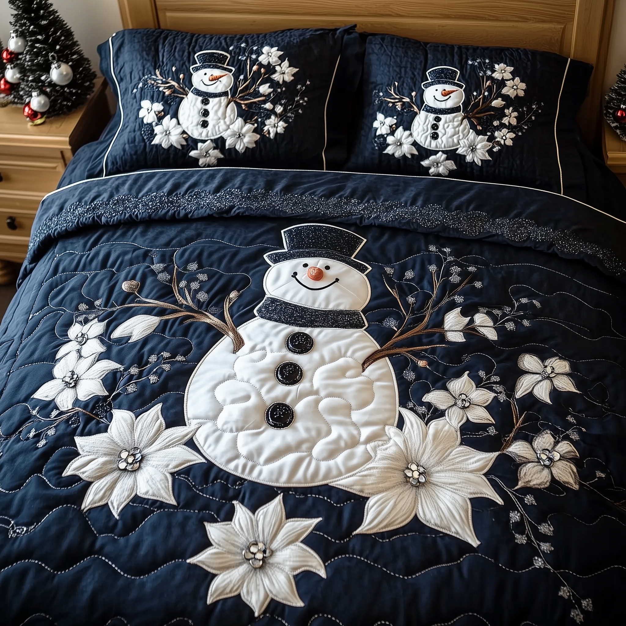 Elegant Winter Snowman Quilted Bedding Set Xmas Bedroom Decor Christmas Gift Ideas