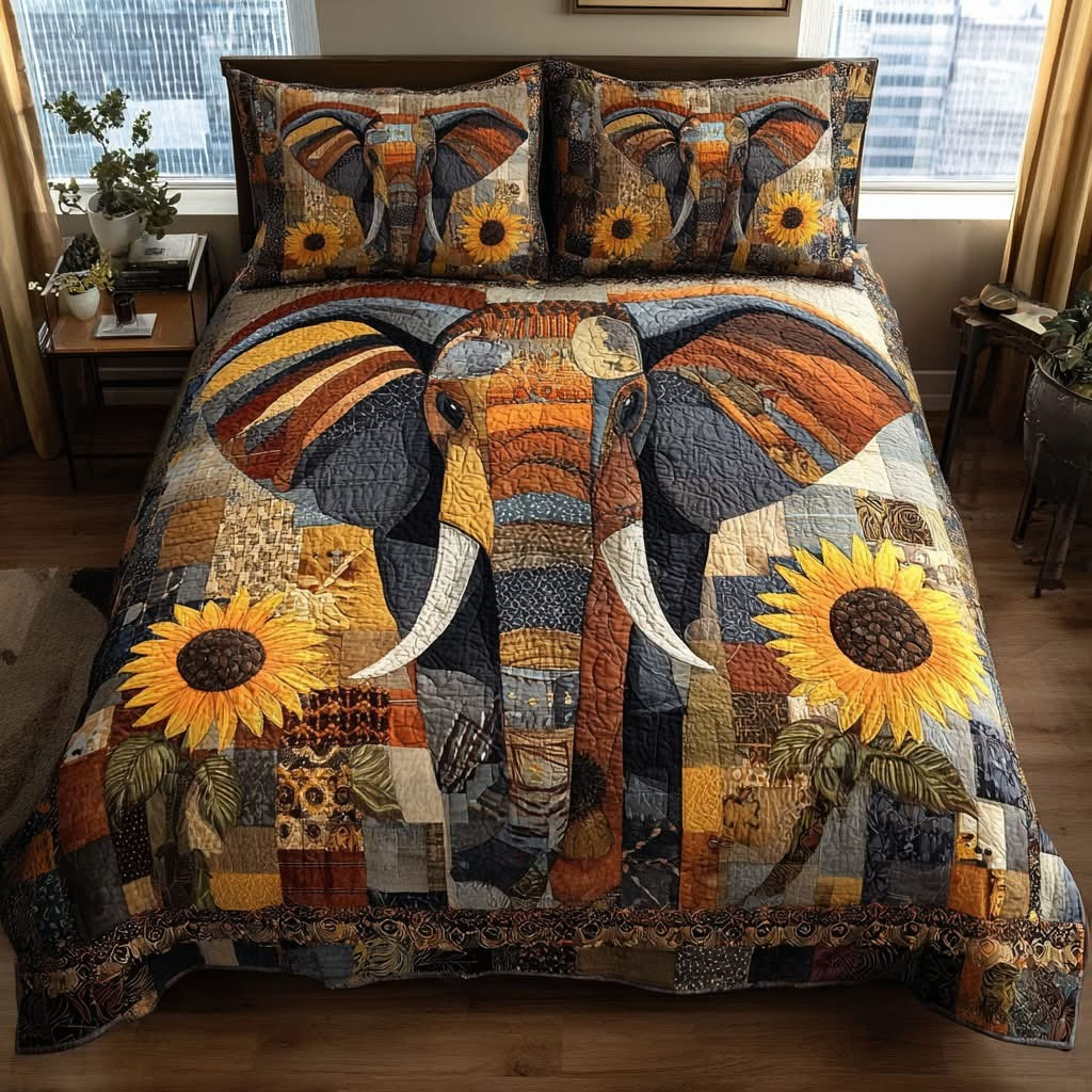 Elephant Autumn Quilted Bedding Set Rustic Patchwork Bedspreads Gifts Ideas For Husband