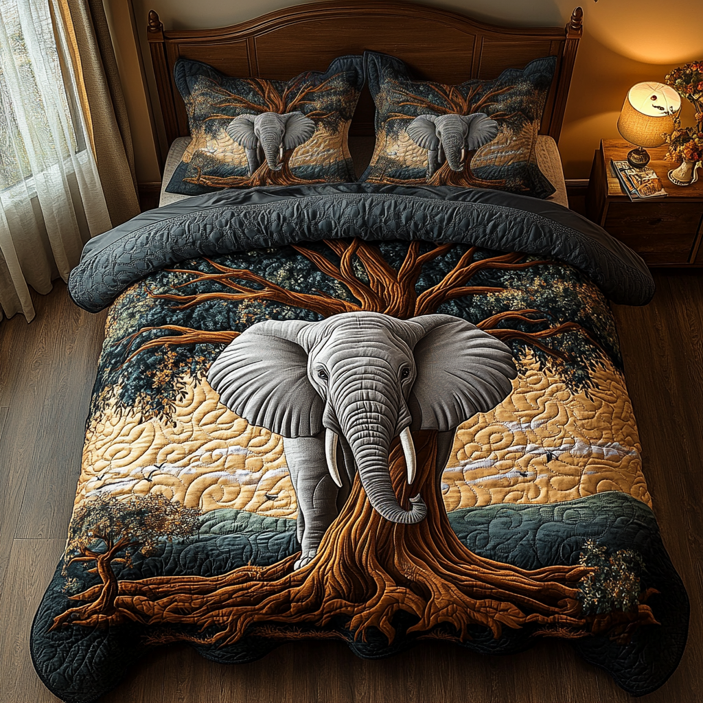 Elephant Baobab Quilted Bedding Set Bedroom Decor Ideas Cute Gift For Elephant Lovers