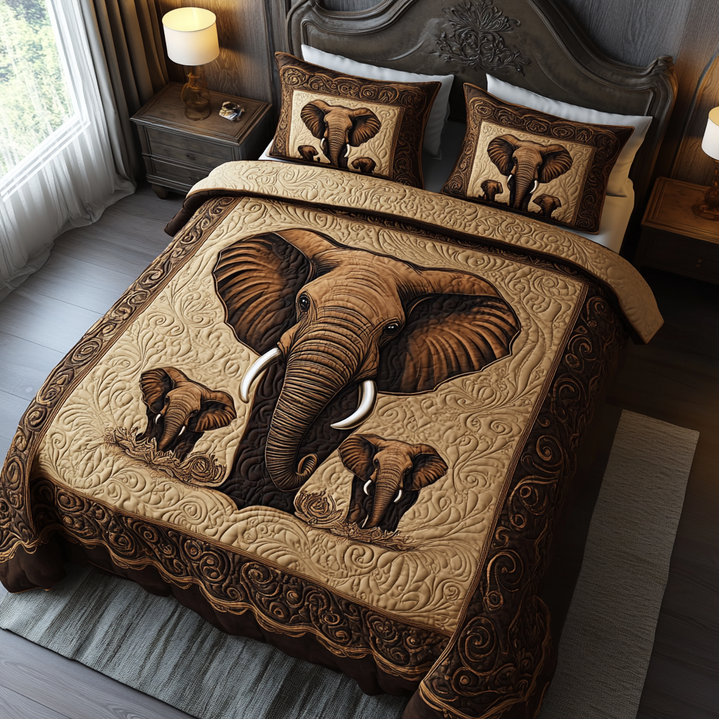Elephant Forest Quilted Bedding Set Bedroom Decor Gifts For Elephant Lovers