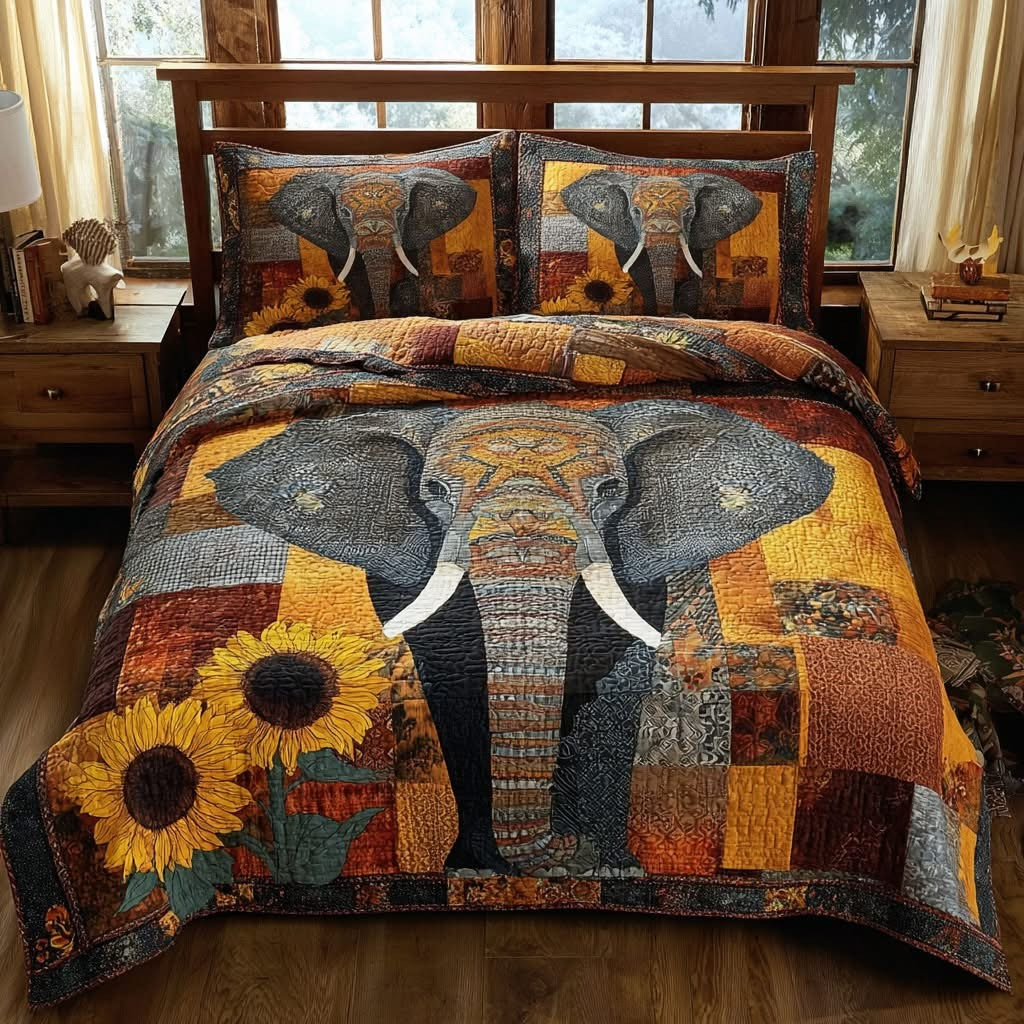 Elephant Safari Patchwork Quilted Bedding Set Sunflower Bedspread Set Elephant Themed Gifts