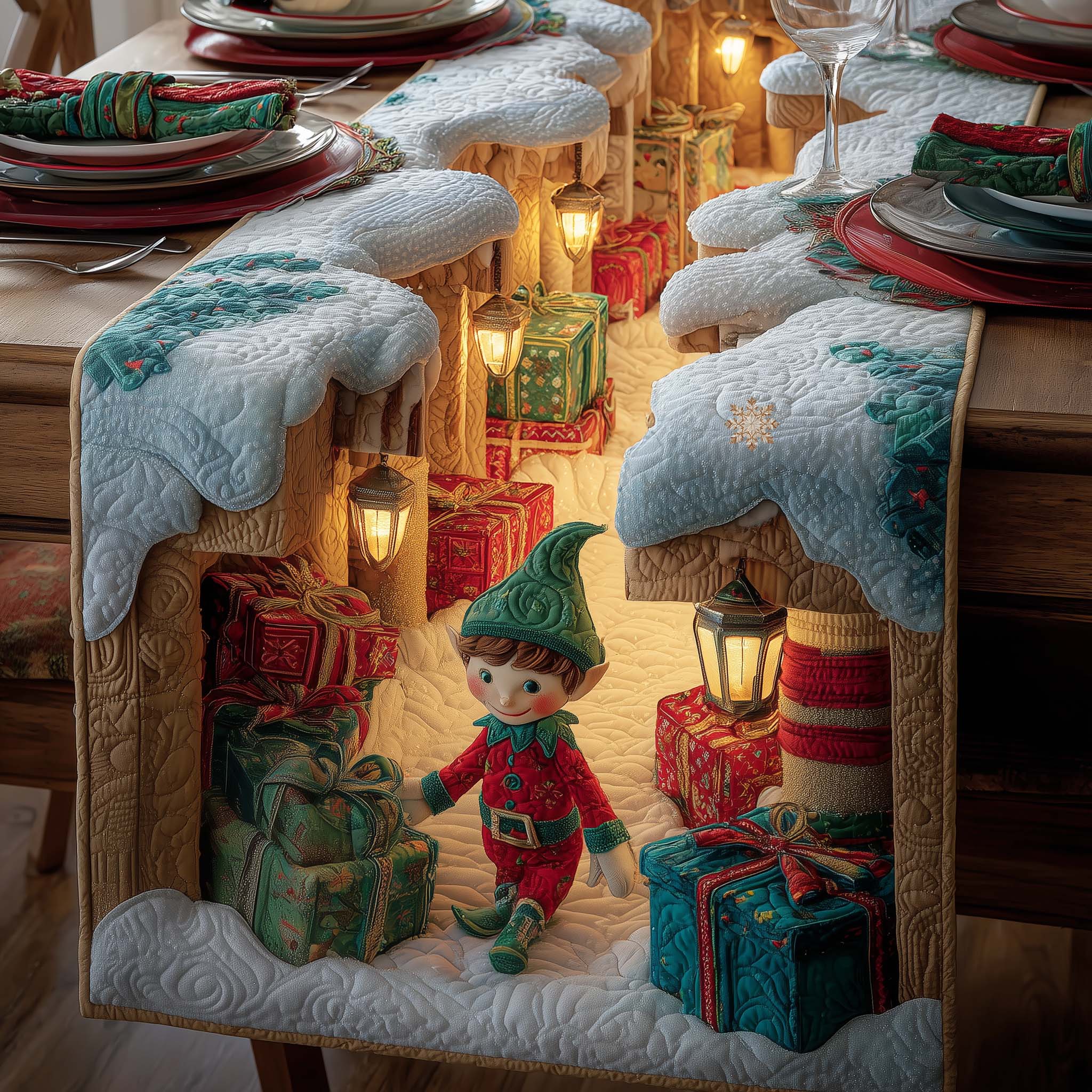 Elf Crafting Quilted Table Runner Christmas Themed Table Runner Xmas Gift Ideas