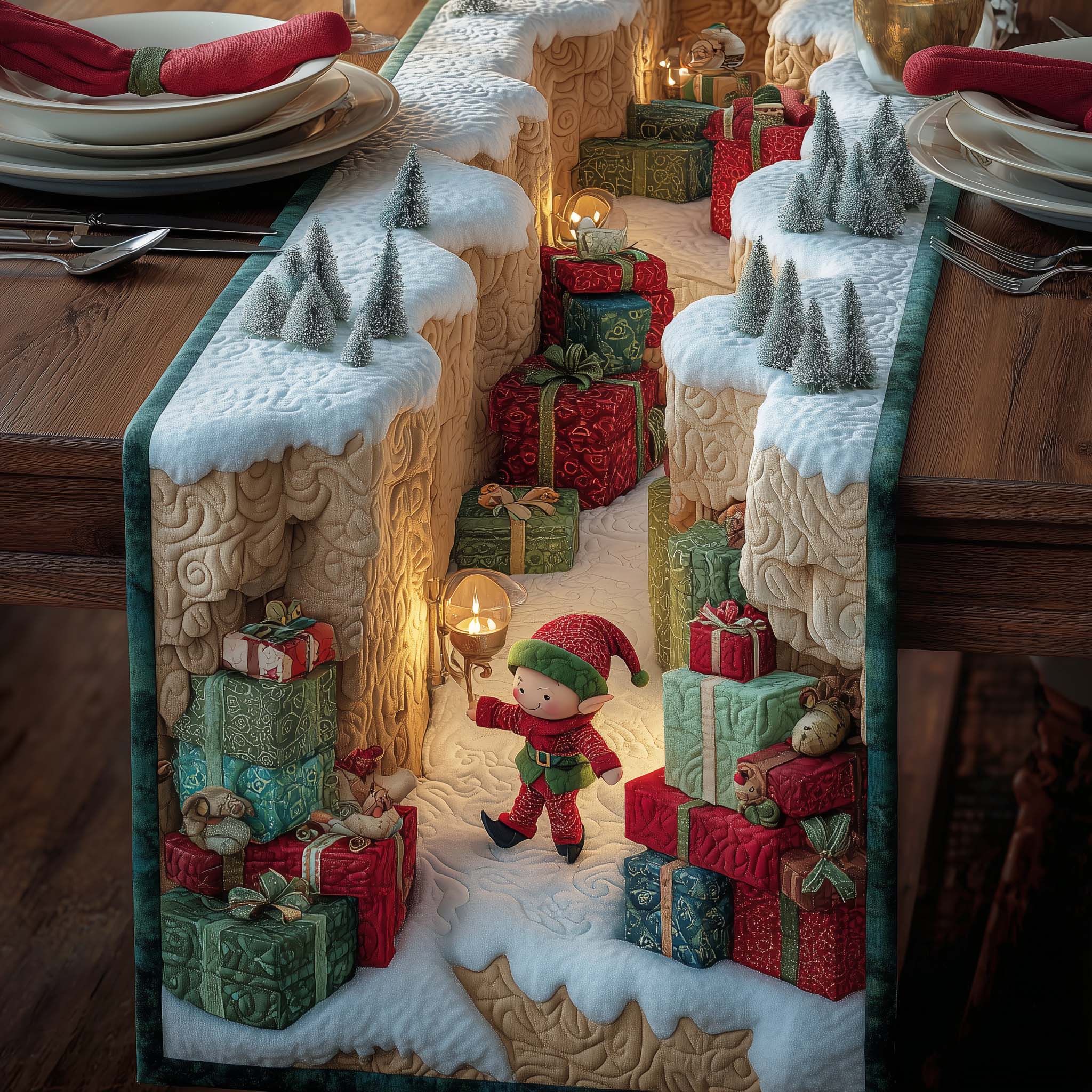 Elf Crafting Quilted Table Runner Dining Table Xmas Decor Family Christmas Gifts