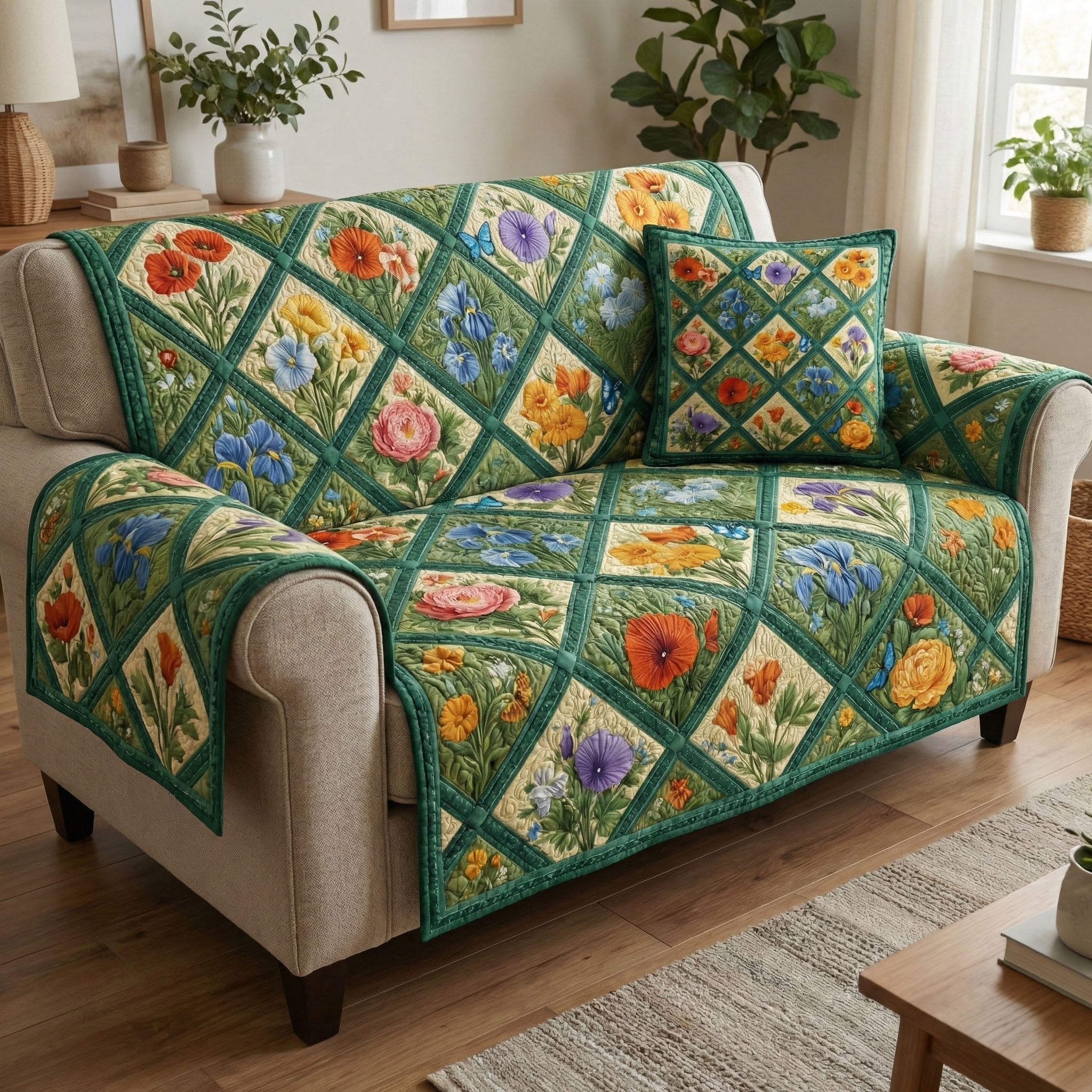 Emerald Blossom Quilted Sofa Cover Couch Cover Sofa Mother'sDay Gifts From Daughter