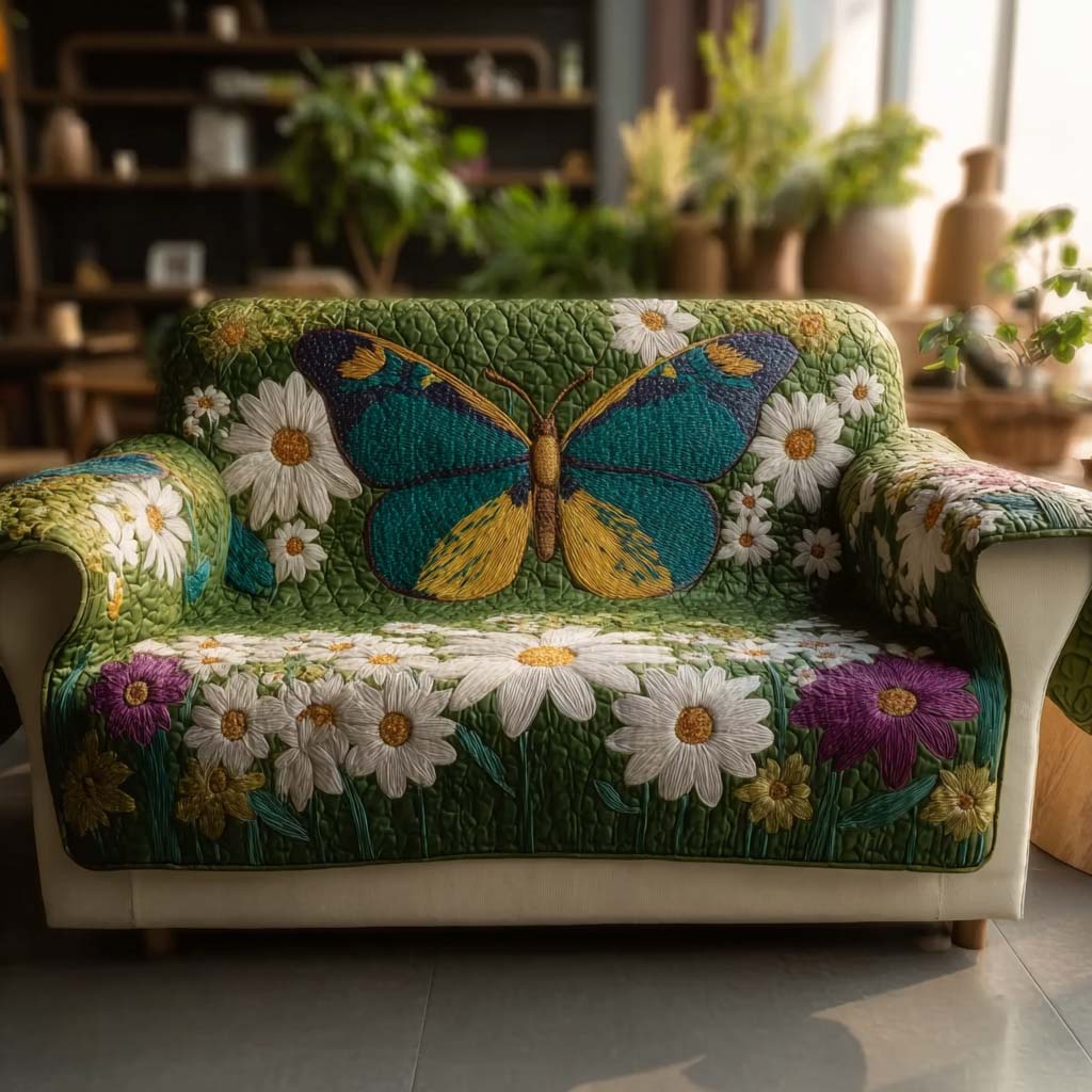 Emerald Daisy Quilted Sofa Cover Couch Protector Butterfly Gifts For Girlfriend