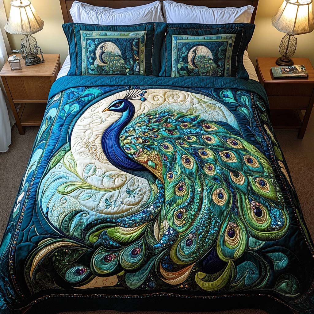 Emerald Elegance Flair Quilted Bedding Set Bedspread Set Peacock Lovers Presents