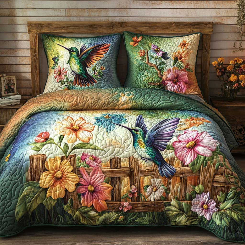 Emerald Grace Quilted Bedding Set Cute Room Decor Cool Hummingbird Gifts