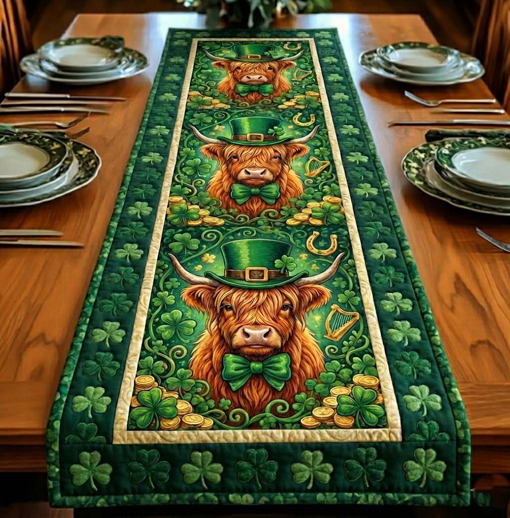 Emerald Highland Cow Quilted Table Runner Dining Room Table Decor St Patrick's Day Gifts For Men