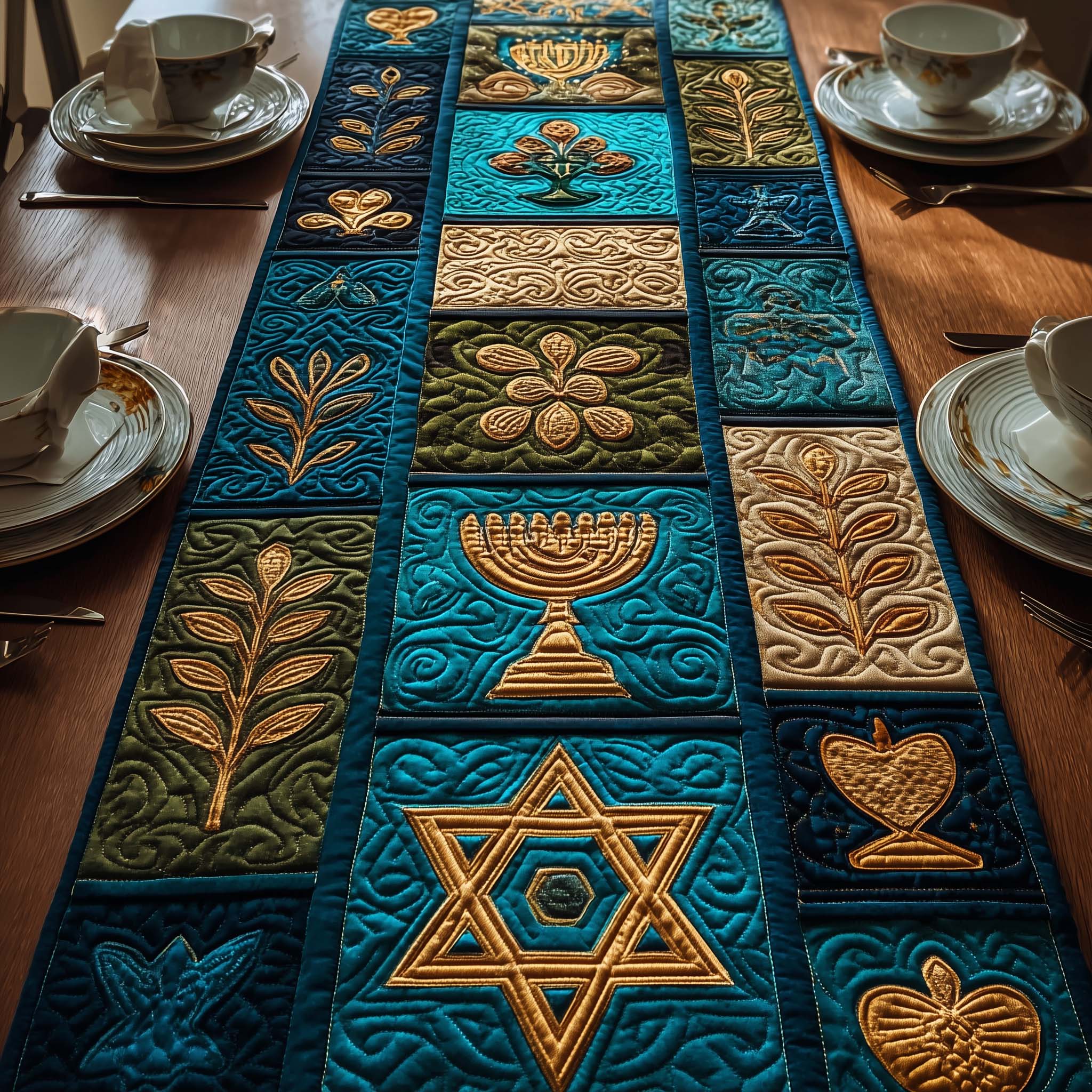 Emerald Menorah Quilted Table Runner Dining Decor Hanukkah Gifts For Family