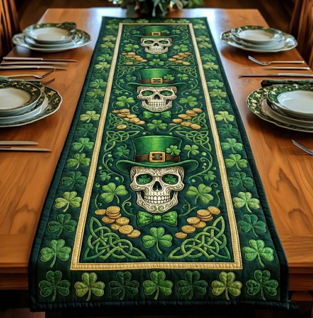 Emerald Skull Quilted Table Runner Dining Room Table Decor Ideas Presents For St Patrick's Day