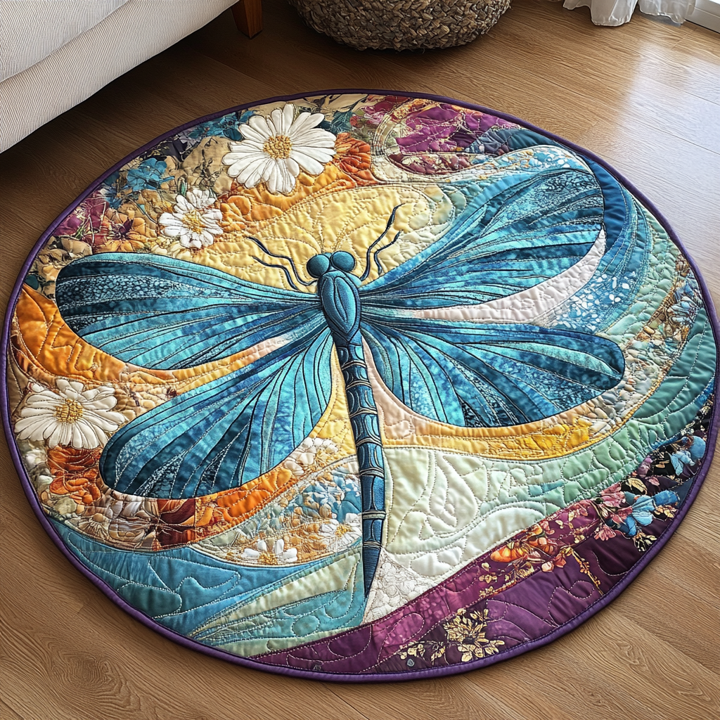 Enchanted Breeze Dragonfly Quilted Round Mat Large Round Rugs Unique Dragon Gifts