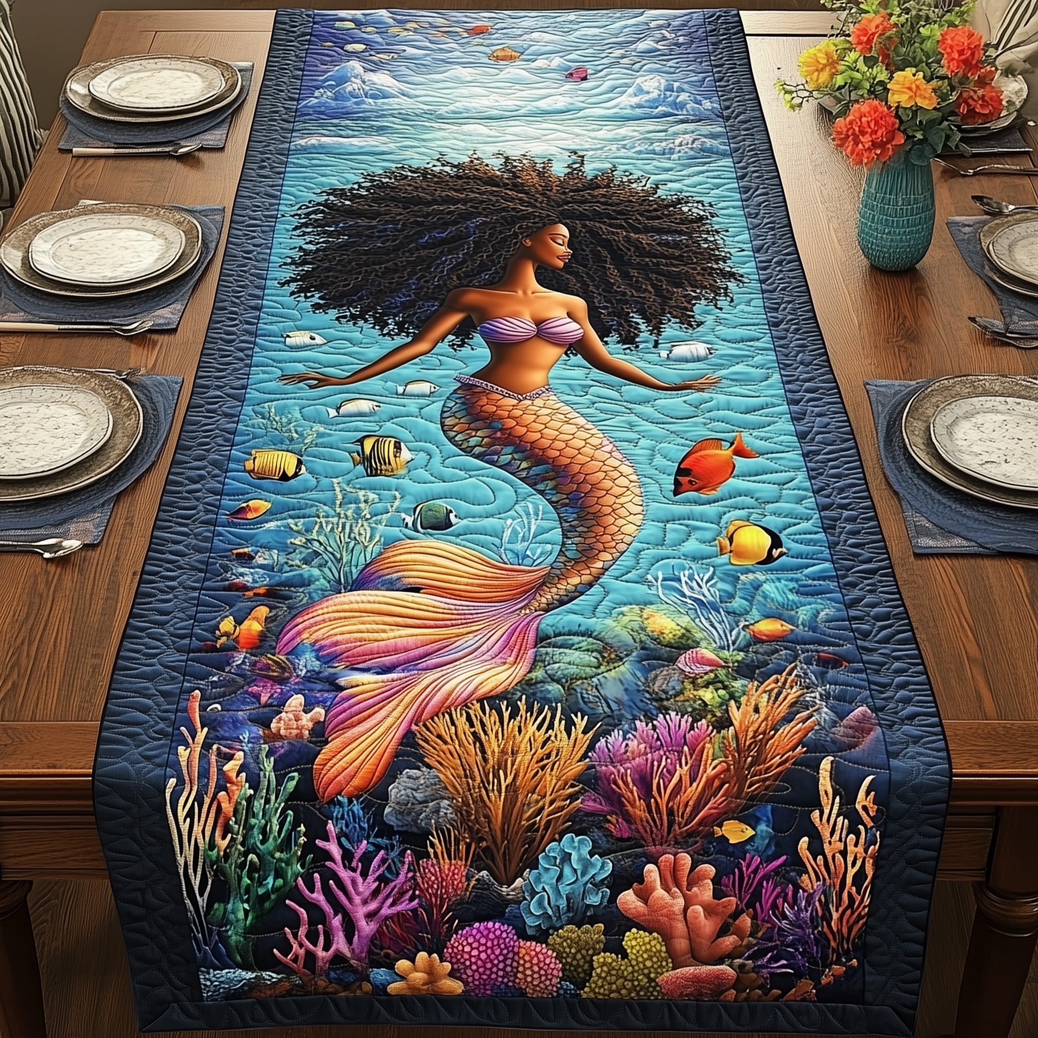 Enchanted Mermaid Quilted Table Runner Dining Room Table Runners Mermaid Theme Gifts
