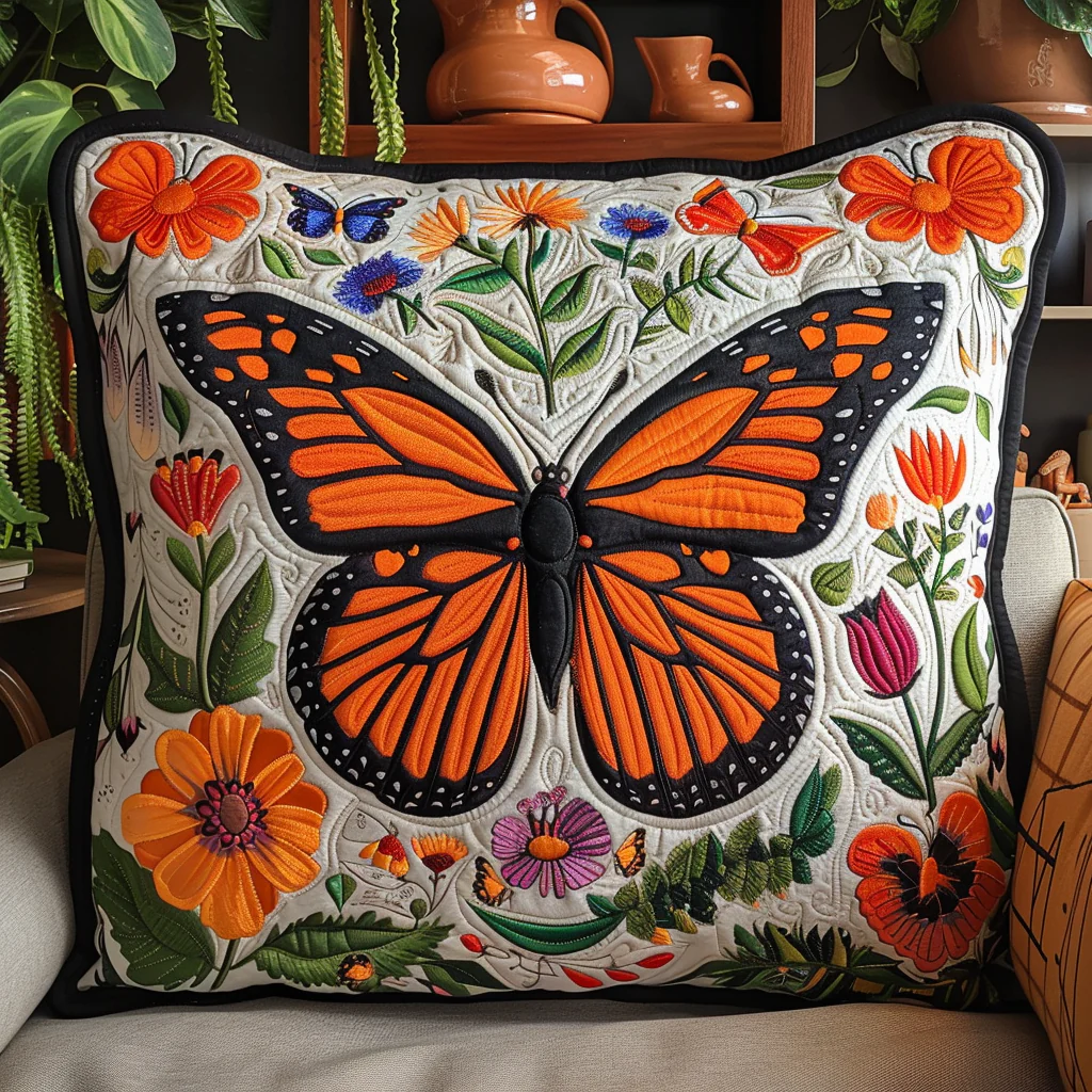 Enchanted Monarch Butterfly Quilted Pillow Case Throw Pillow Cover Gift For Him