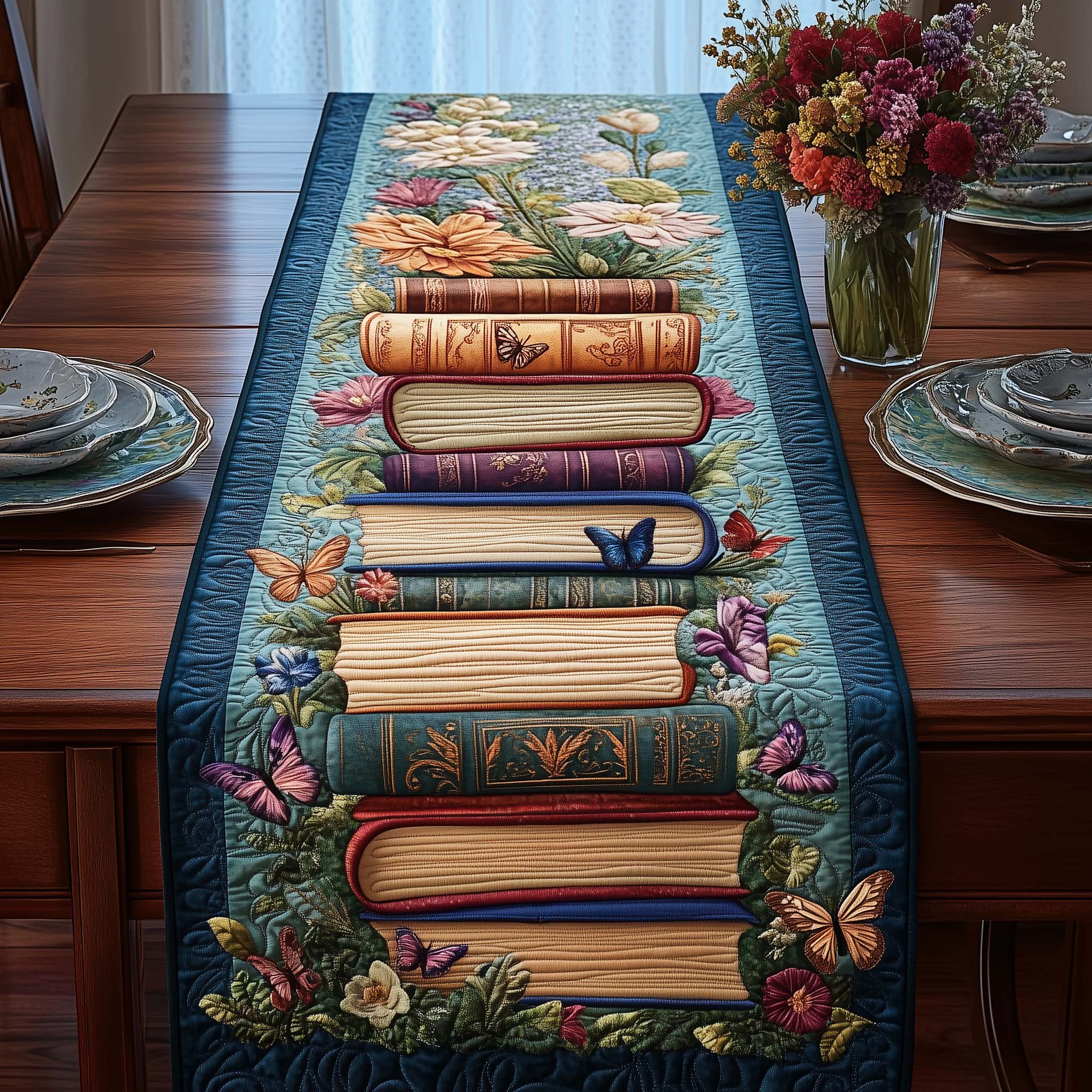 Enchanted Stack Quilted Table Runner Dining Decor Book Themed Gifts For Husband