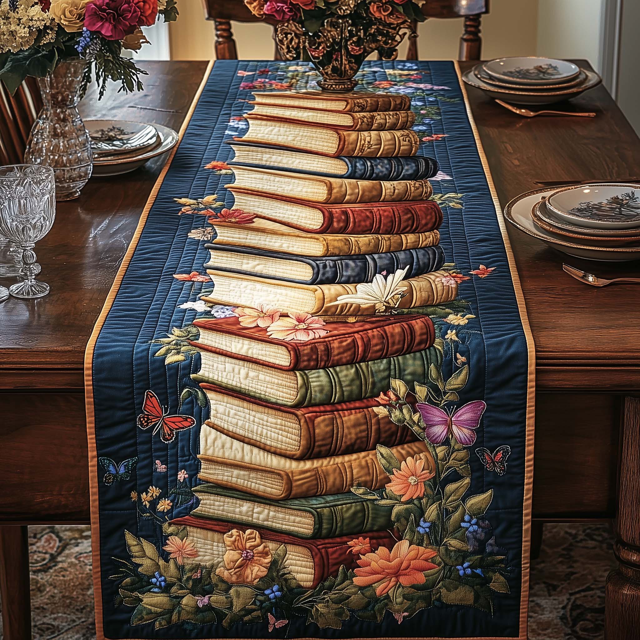 Enchanted Stack Quilted Table Runner Dining Room Table Decor Ideas Book Themed Gift Items