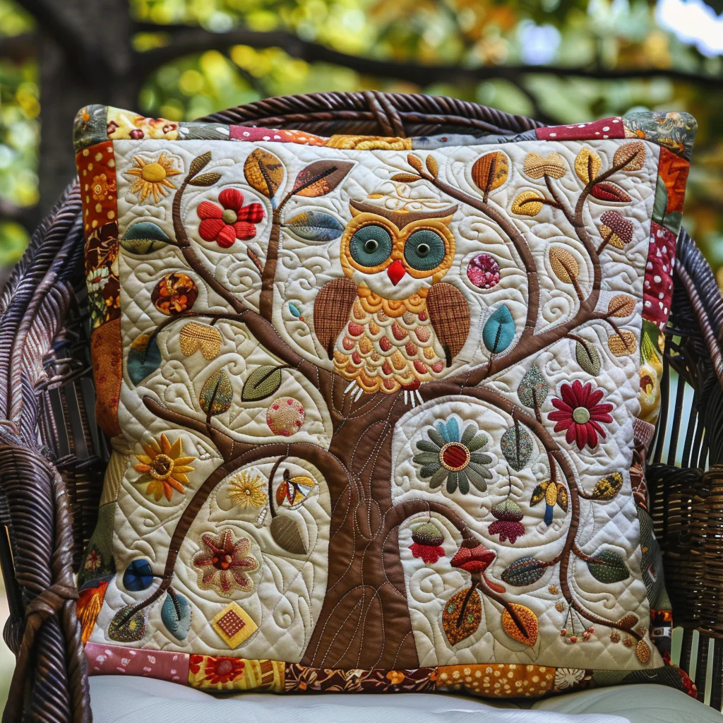 Enchanting Owl Quilted Pillow Case Throw Pillow Cover Gift Best For Her