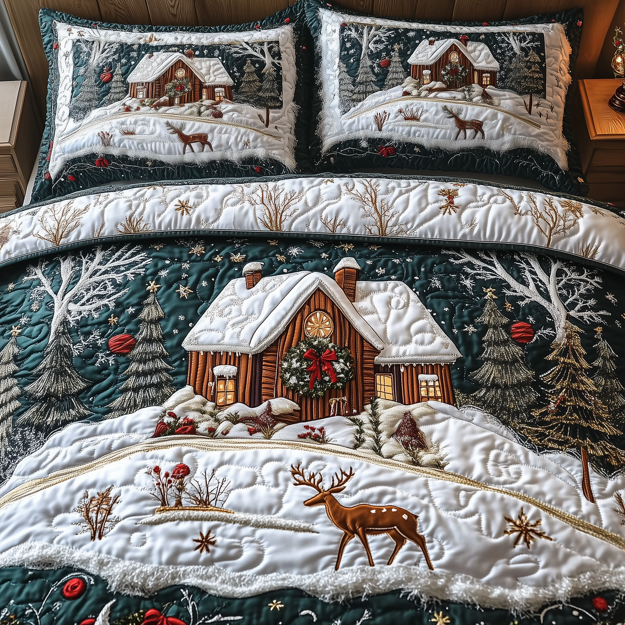 Enchanting Snow Cabin Quilted Bedding Set Christmas Bedding Set Xmas Presents For Him