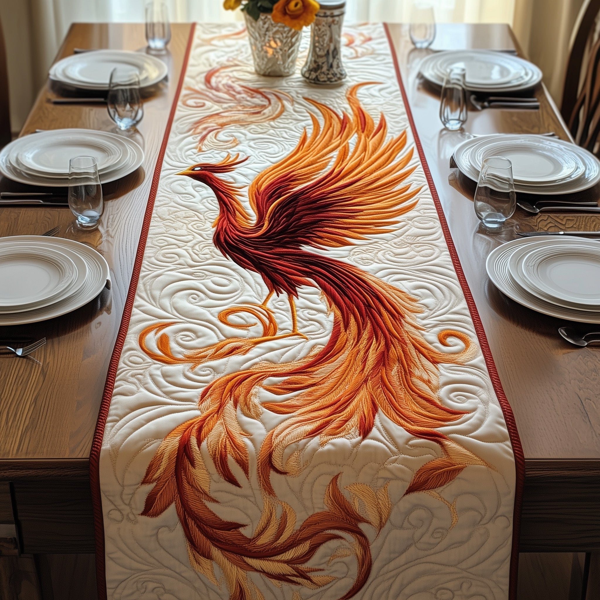 Eternal Ember Wings Quilted Table Runner Dining Room Decor Unique Gifts Phoenix