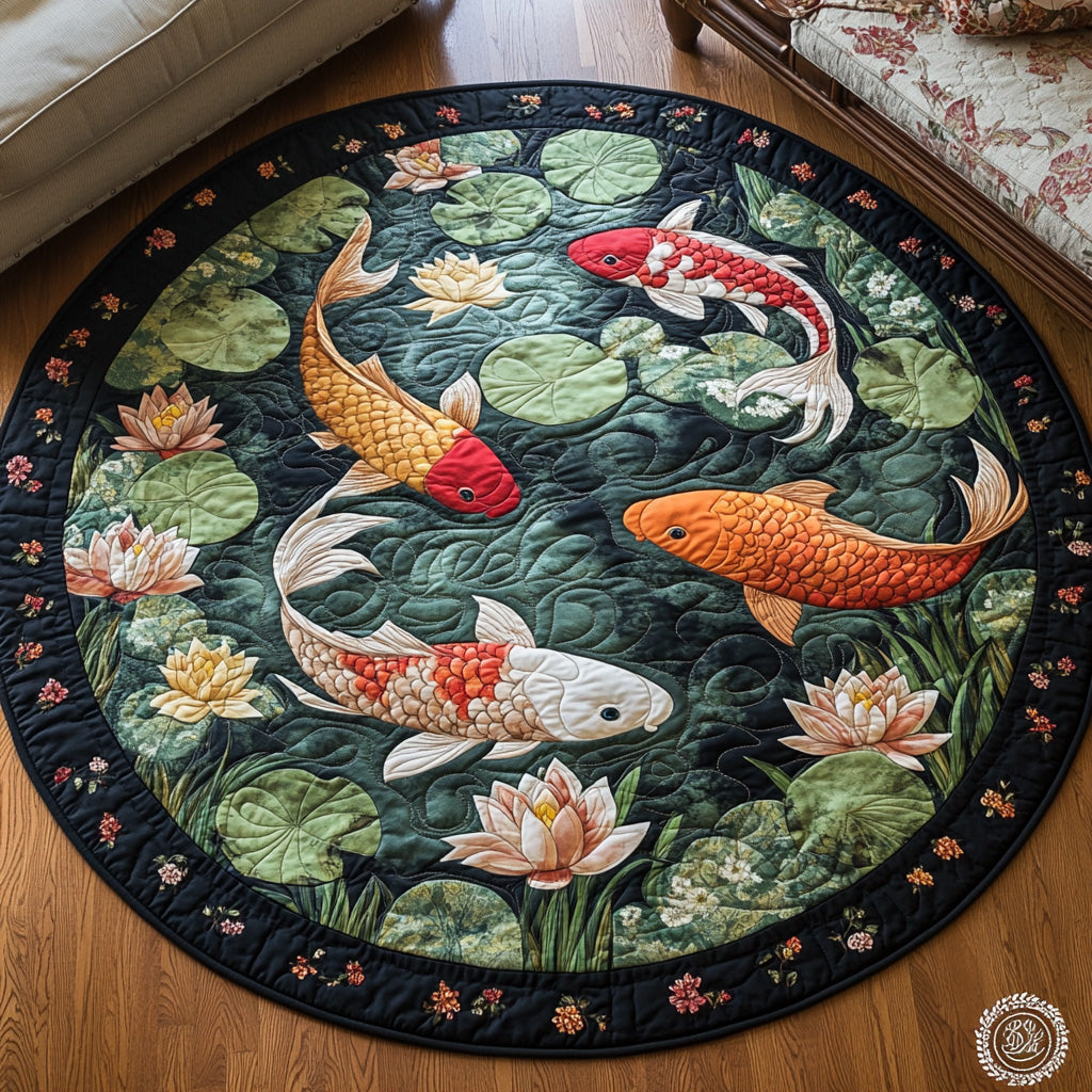 Eternal Koi Quilted Round Mat Best Round Area Rugs Fishing Gifts For Him