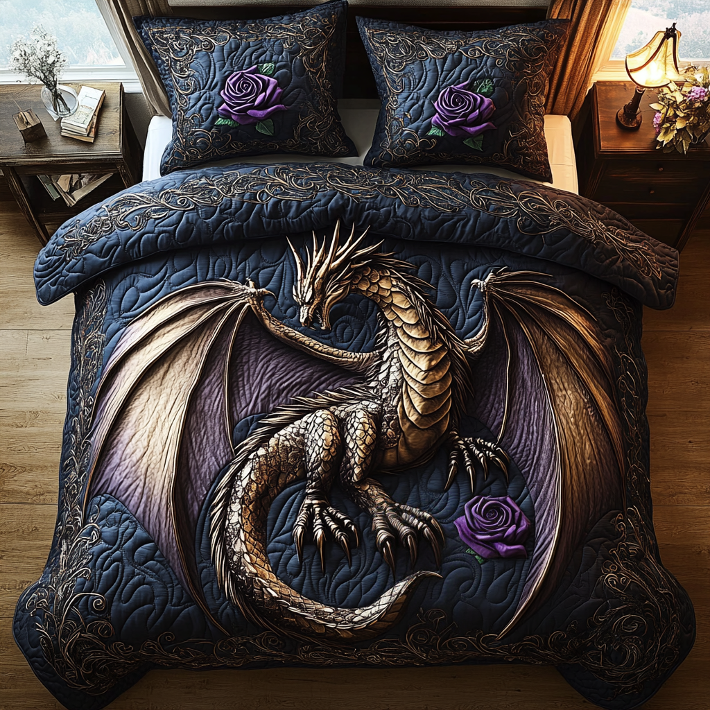 Ethereal Dragons Quilted Bedding Set Best Bedspread Set Birthday Gifts For Dragon Lovers