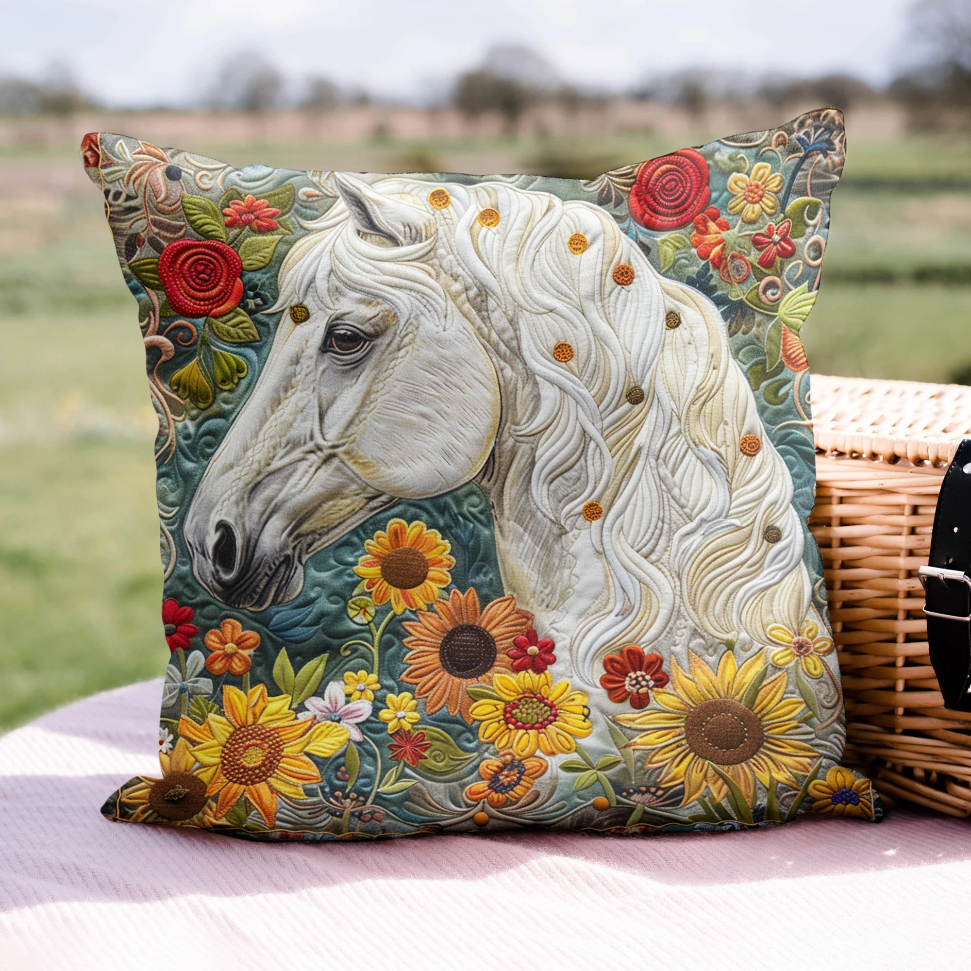 Ethereal Horse and Flowers Quilted Pillow Case Outdoor Pillow Covers Top Gifts For Men