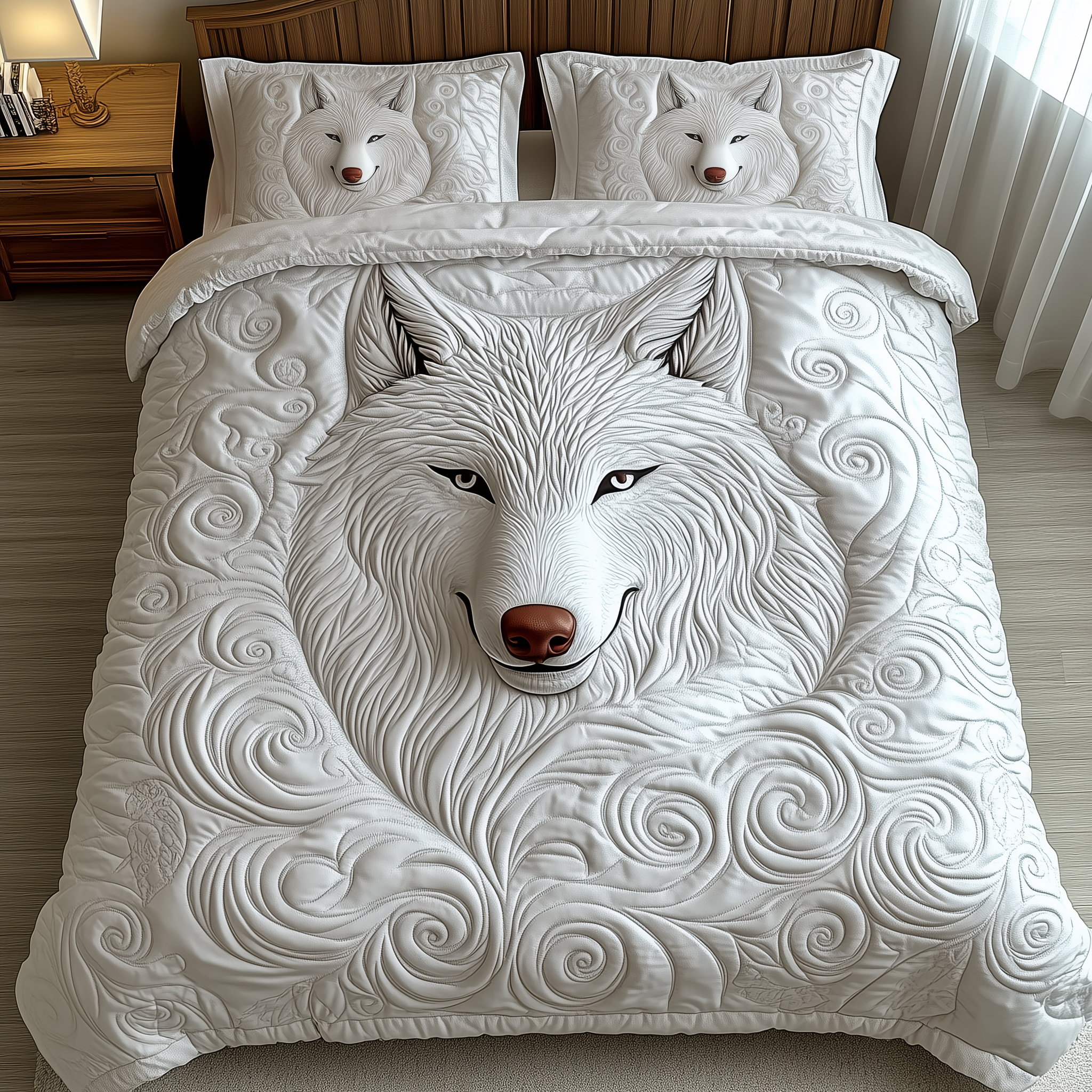 Ethereal White Wolf Quilted Bedding Set Bedroom Decorations Wolf Gifts For Him Her