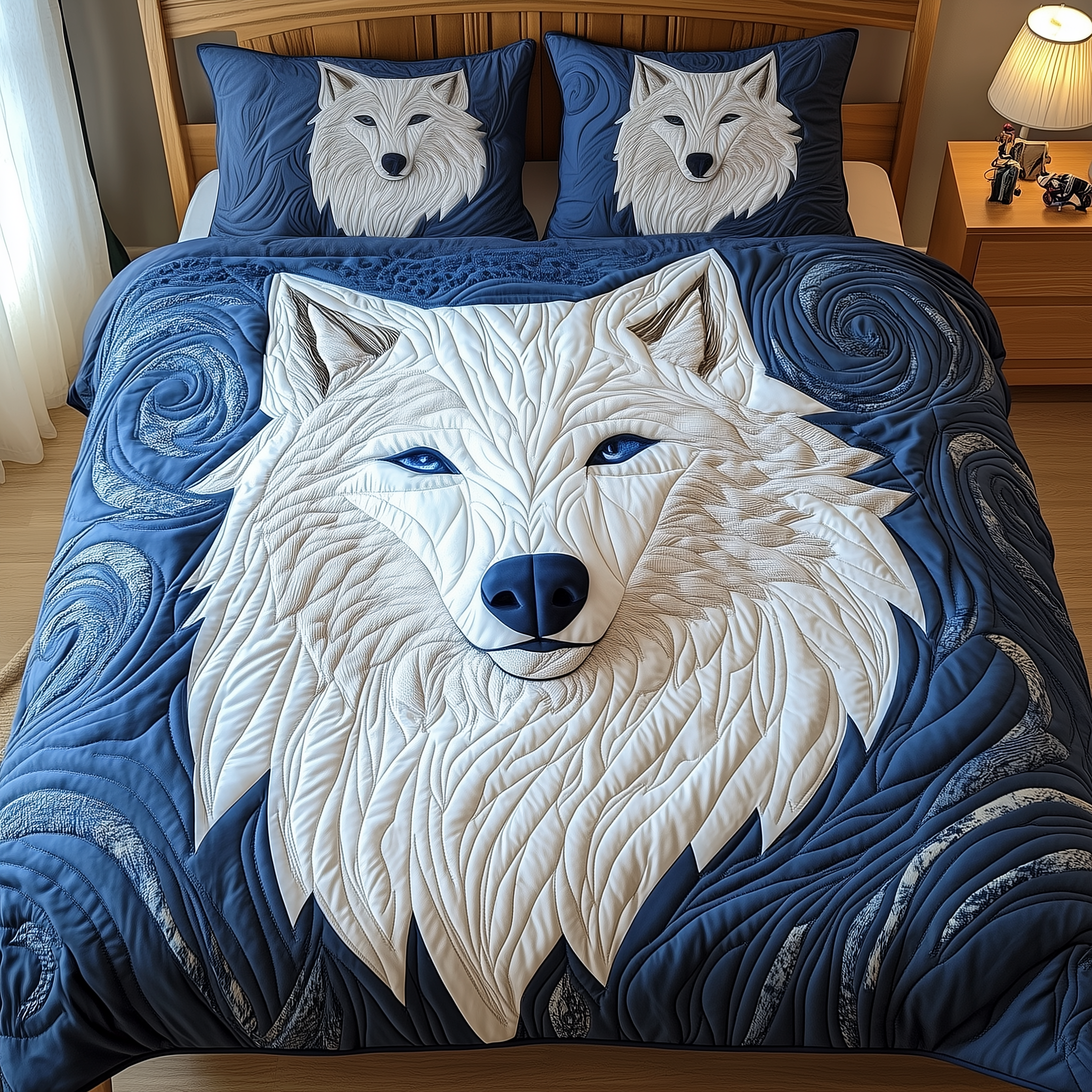 Ethereal White Wolf Quilted Bedding Set Boho Bedroom Furniture Unique Gifts For Wolf Lovers
