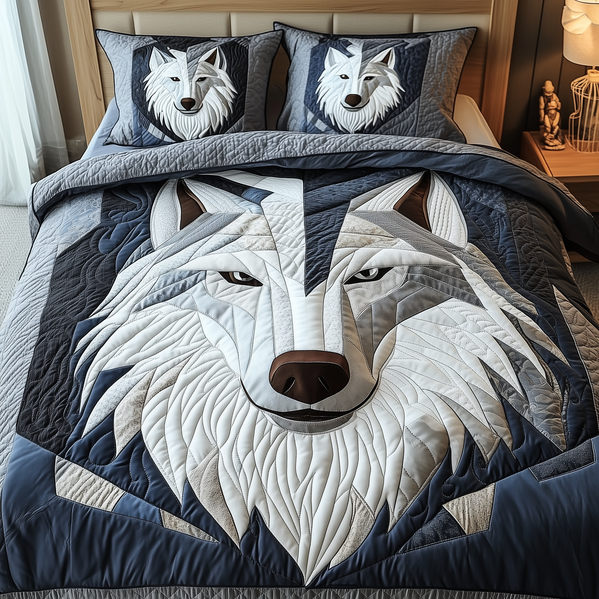 Ethereal White Wolf Quilted Bedding Set Over The Bed Decor Best Gifts For Wolf Lovers