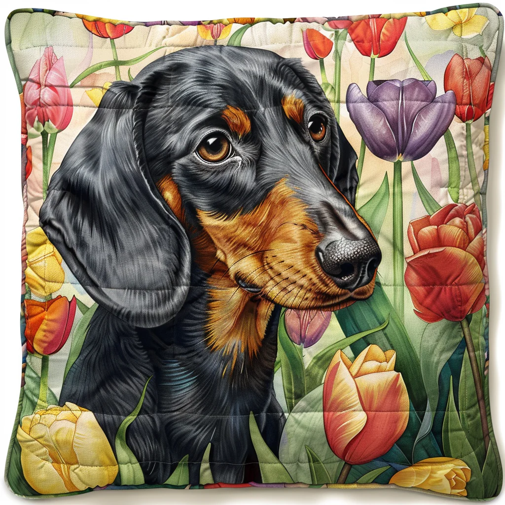 Exquisite Dachshund Amidst Floral Quilted Pillow Case Square Pillow Cases Gifts Ideas