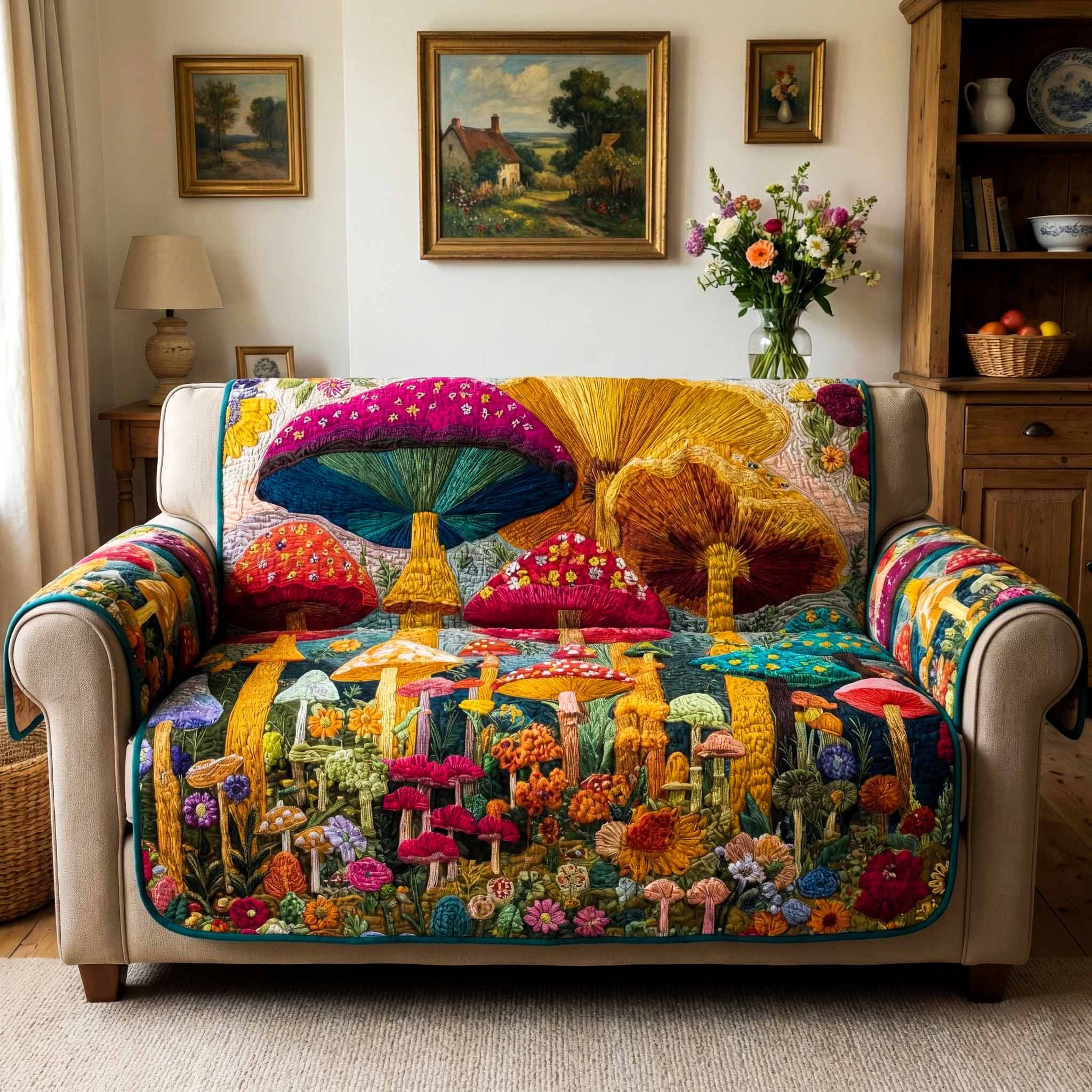 Fairy Harvest Quilted Sofa Cover Couch Protector Mushroom Related Gifts